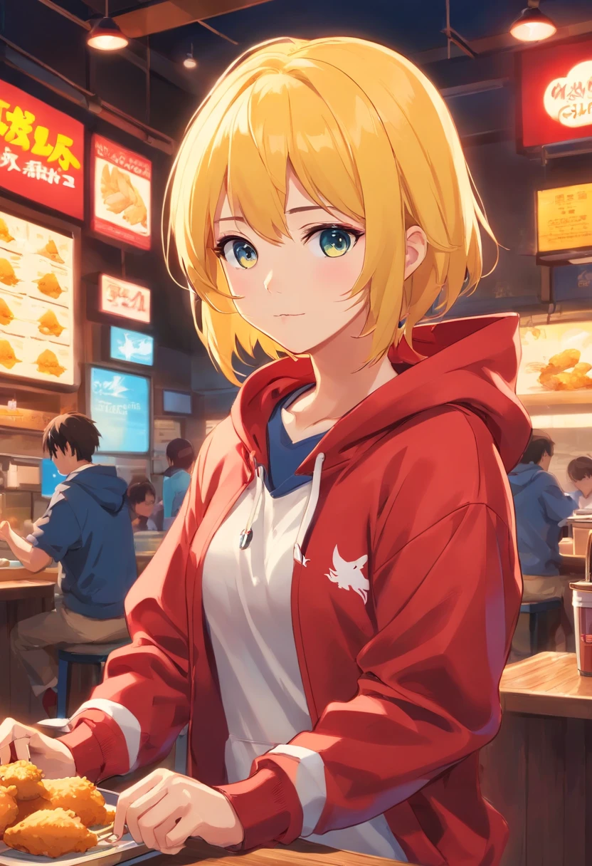 1 girl, Texas Chicken Restaurant theme, Texas Chicken Restaurant style, restaurant, yellow hair, red hoodie with blue