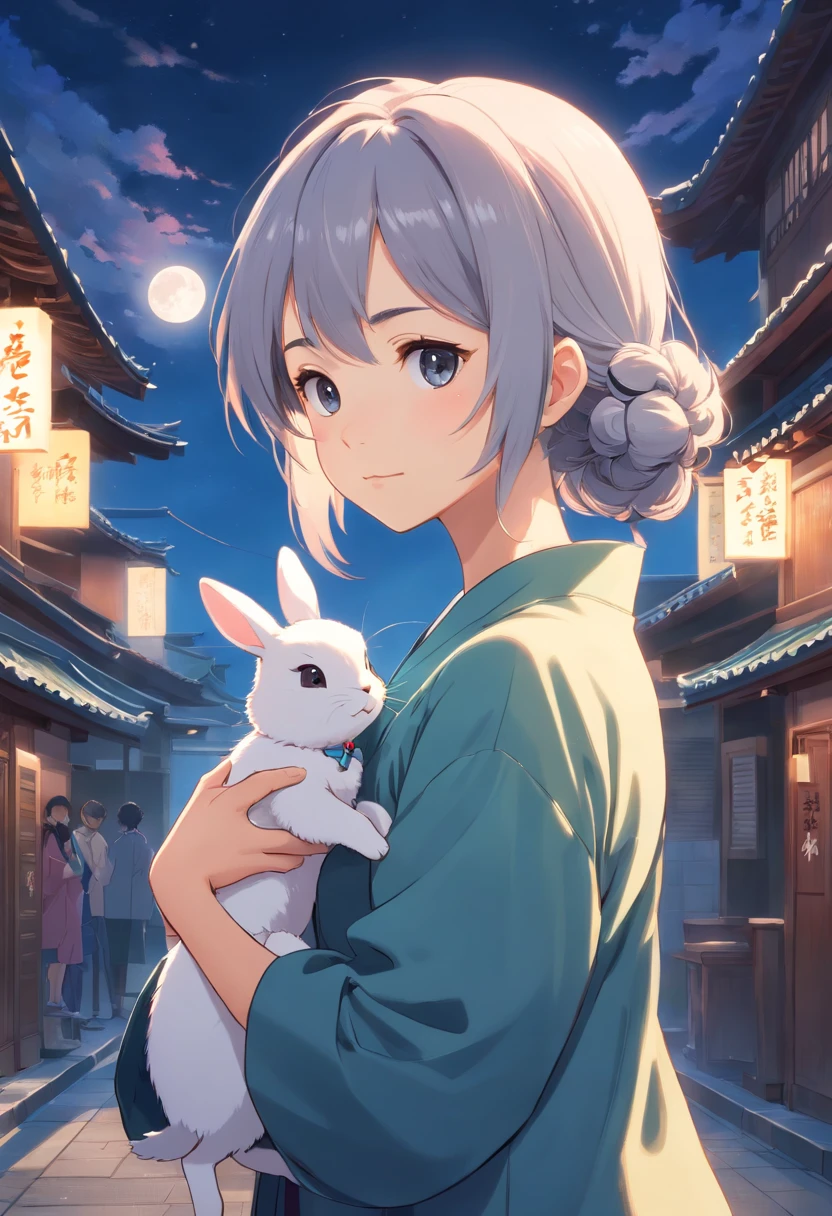Long hair,the night,full moon,Silver-haired rabbit-eared girl holding a small rabbit hairpin in one hand,Outside a group of Chinese buildings, Hug with a cheongsam,A little bunny wearing a scalloped bow hairpin,unreal render,reasonable design, high detal, Masterpiece, Best quality, hyper HD,