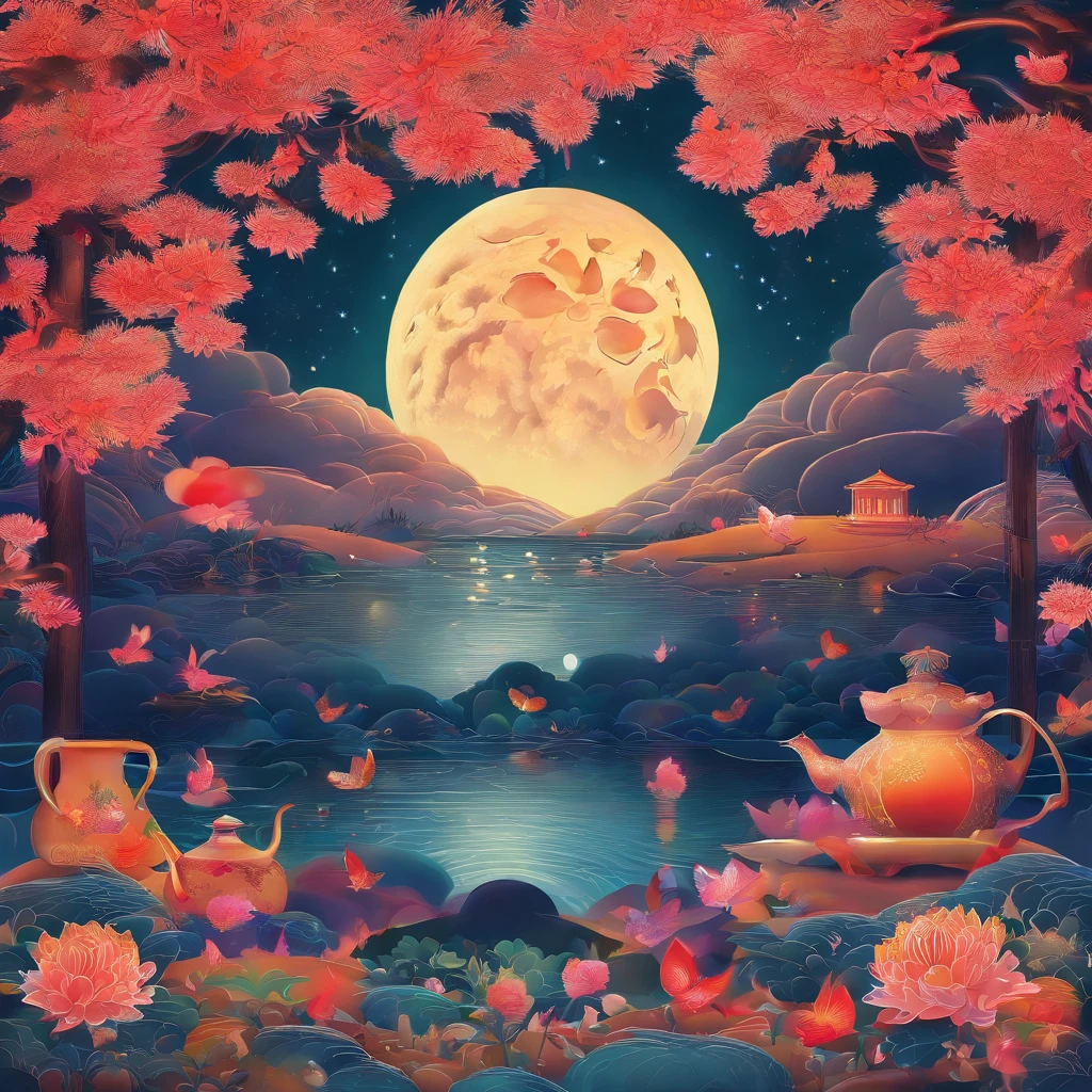 Mid-Autumn Festival, Full moon, nigth, Moon cake, teas, UHD, retina, masterpiece, ccurate, super detail, high details, high quality, best quality, highres, 16k