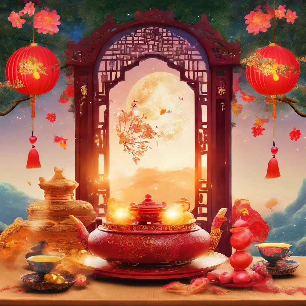 Mid-Autumn Festival, Full moon, nigth, Moon cake, teas, UHD, retina, masterpiece, ccurate, super detail, high details, high quality, best quality, highres, 16k