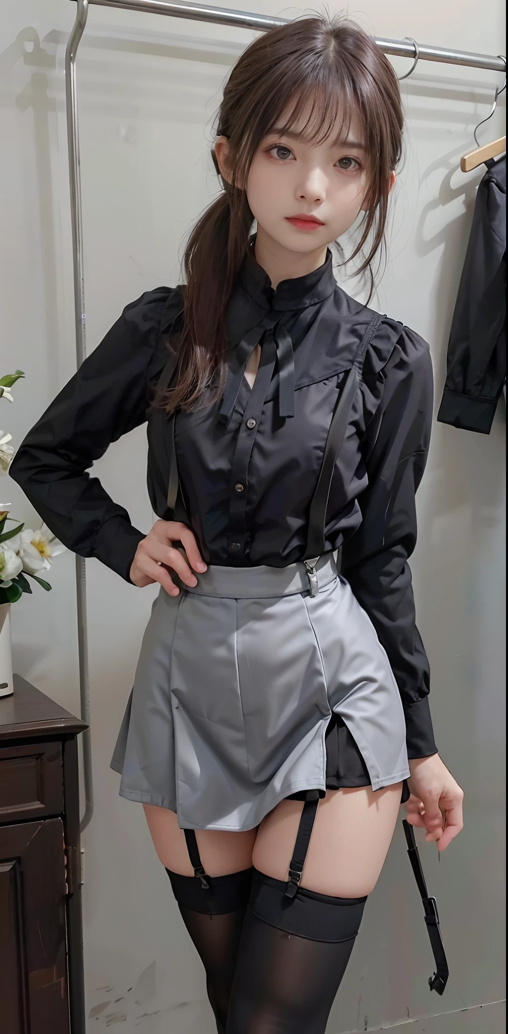 masuter piece、Hotel Suites、Delicate、Girls in Cyberpunk City、Petals flutter、Black skirt, 　suspenders, brown haired、grey  eyes, SF Boots、 Tight black clothes, small tits、white frilly blouse、Valley、holster、chain、poneyTail、Thin leg、A slender、Cute、A sexy、modeled、View the viewer from below、hair adornments、fantastical light