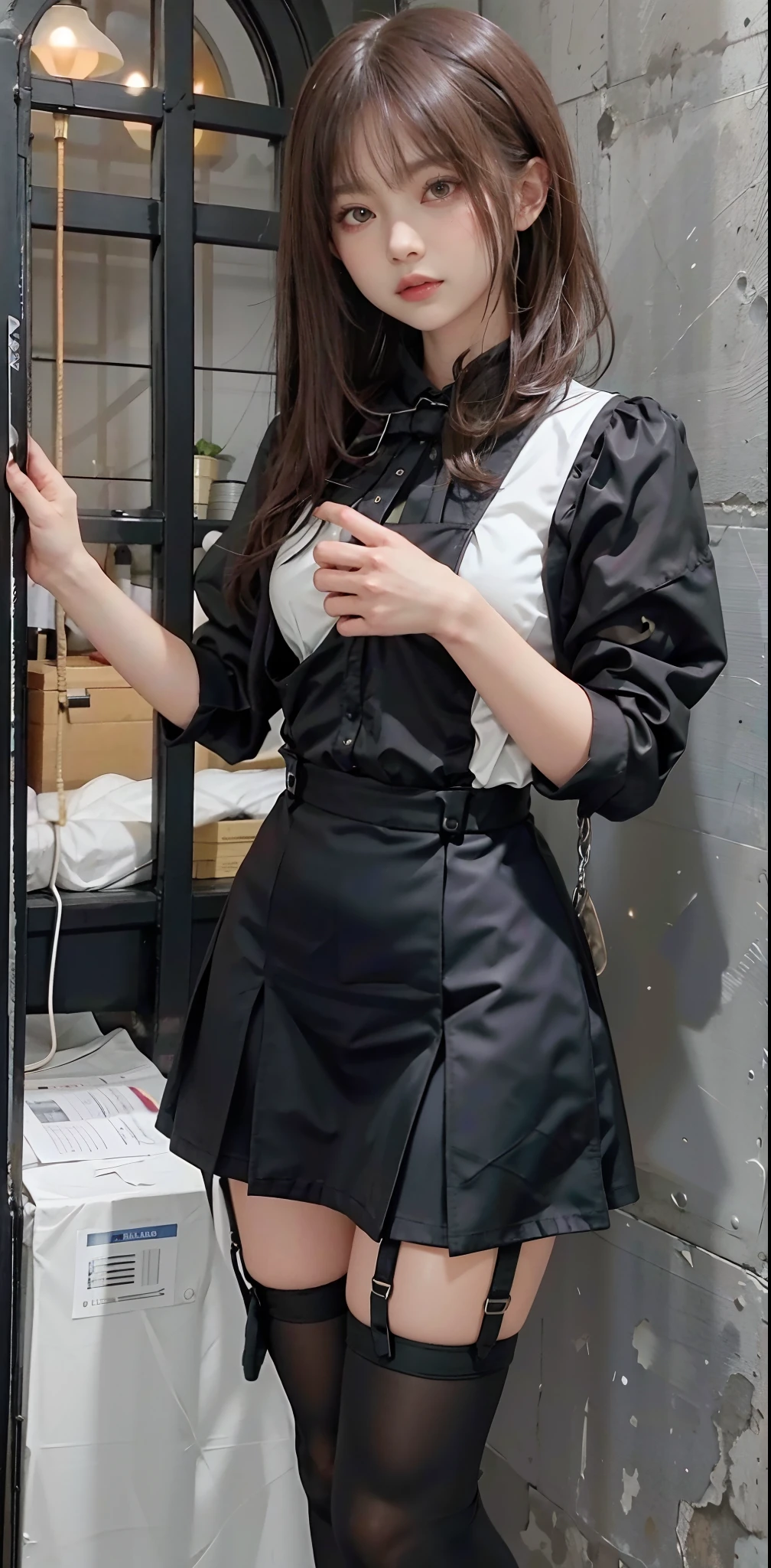 masuter piece、A detailed、Delicate、Girls fighting in the near future、Black skirt, suspenders, brown haired、grey eyes, Garter belt on the legs, Tight black clothes, small tits、Valley、holster、chain、poneyTail、Thin leg、A slender、Cute、A sexy、