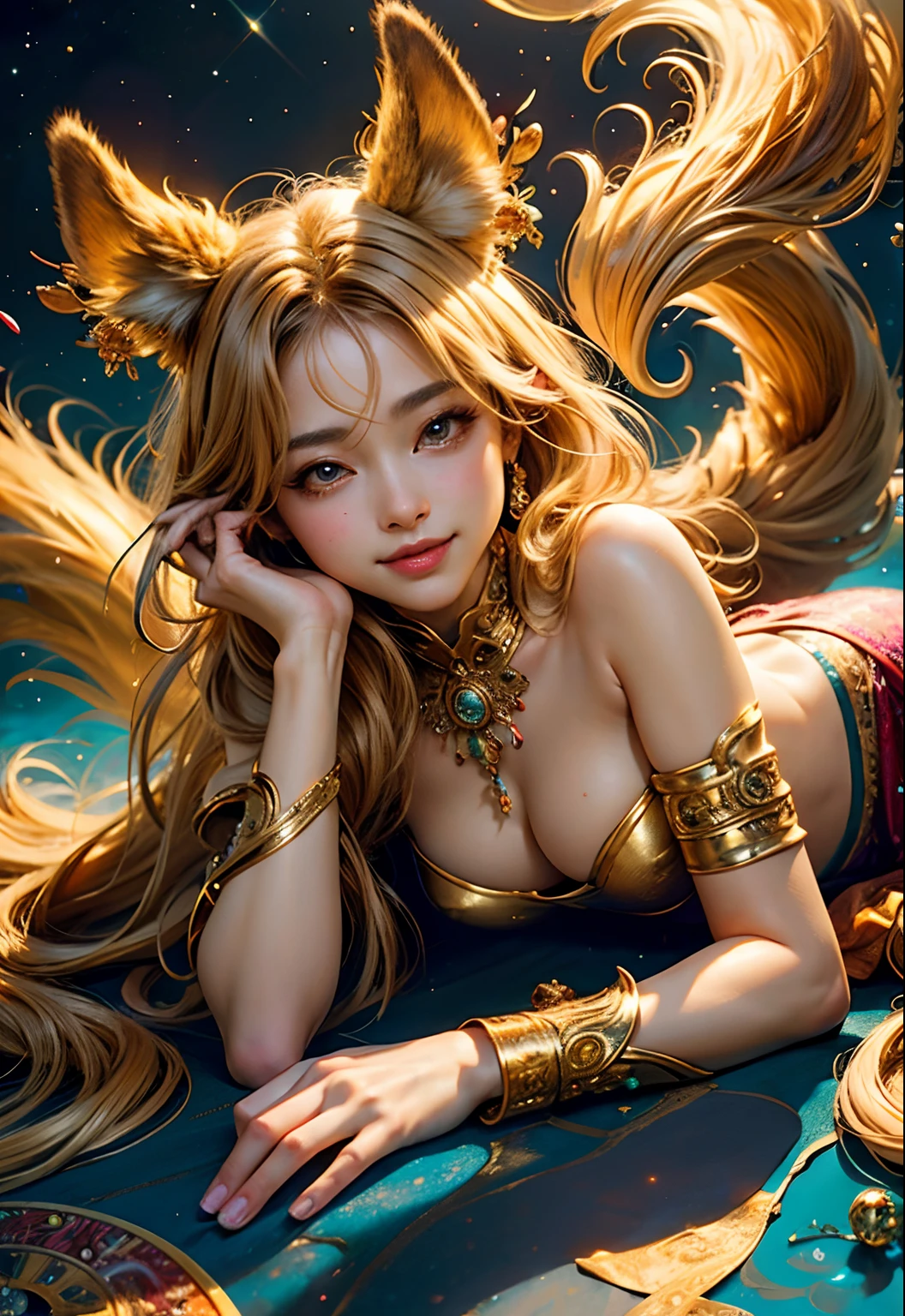 (​masterpiece、top-quality、top-quality、Official art、Beautifully Aesthetic:1.2)、(1girl in)、ighly detailed、(Fractal Art:1.3)、colourfull、highestdetailed　Golden Nine Tail Fox　Golden background　Soft smile　breasts are large　Soft expression　A smile　Facing straight ahead　The body is also front　Lying down