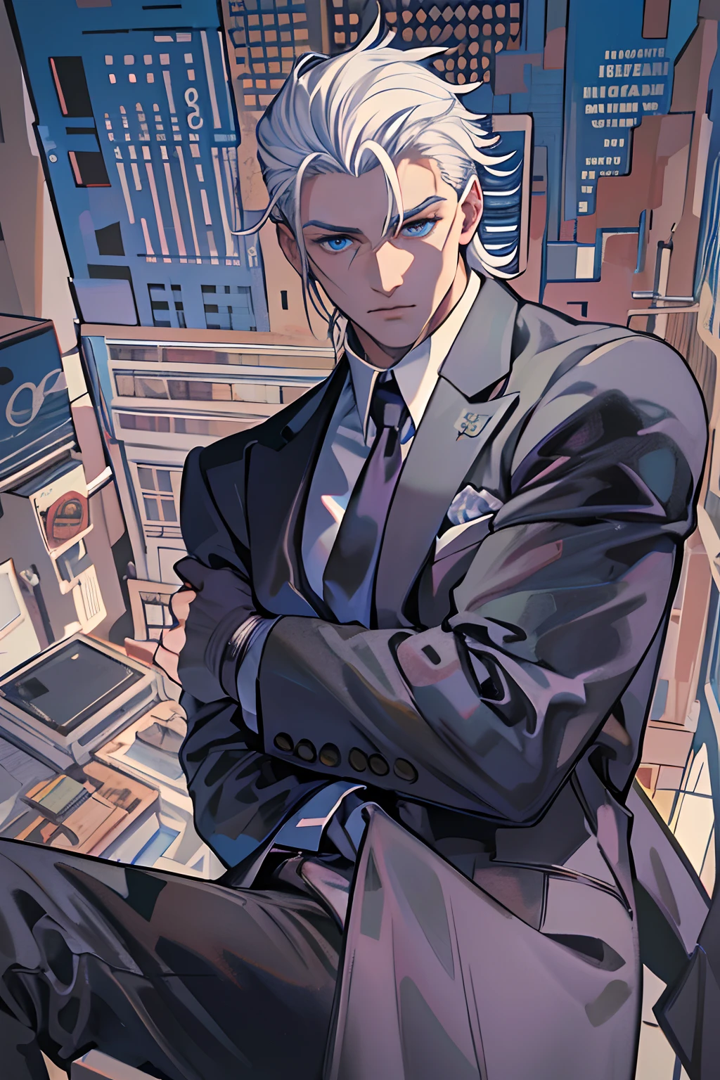 (masuter piece,Best Quality,Ultra-detailed), (A detailed face),Gojo Gojo,Adult males,Solo, white hair, Blue eyes, black suits,(in bad: 1.2), Looking at the viewer, (interview: 1.3), From above, sharp contrast, Beautiful detailed eyes, Close Up Shot,magazine title,Mafioso