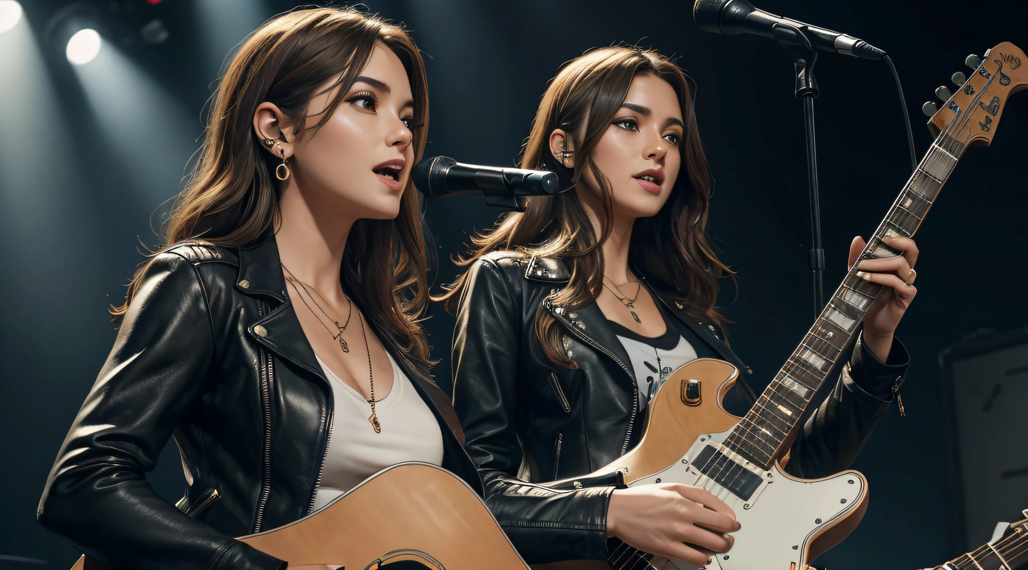 (Masterpiece:1.3, Best quality, Photorealistic, Ultra-detailed, finely detailed, high resolution, 8K wallpaper), 1 beautiful girl, Lead singer of the rock band group, In a flower leather jacket, Sing with an electric guitar, standing microphones, Mouth open, Beautiful face, Detailed face, Beautiful eyes, Detailed eyes, Smiling, Earrings, necklace, Detailed guitar, (Straight guitar neck and strings), Medium length light brown hair, be on stage, spotlight, Look at the viewer