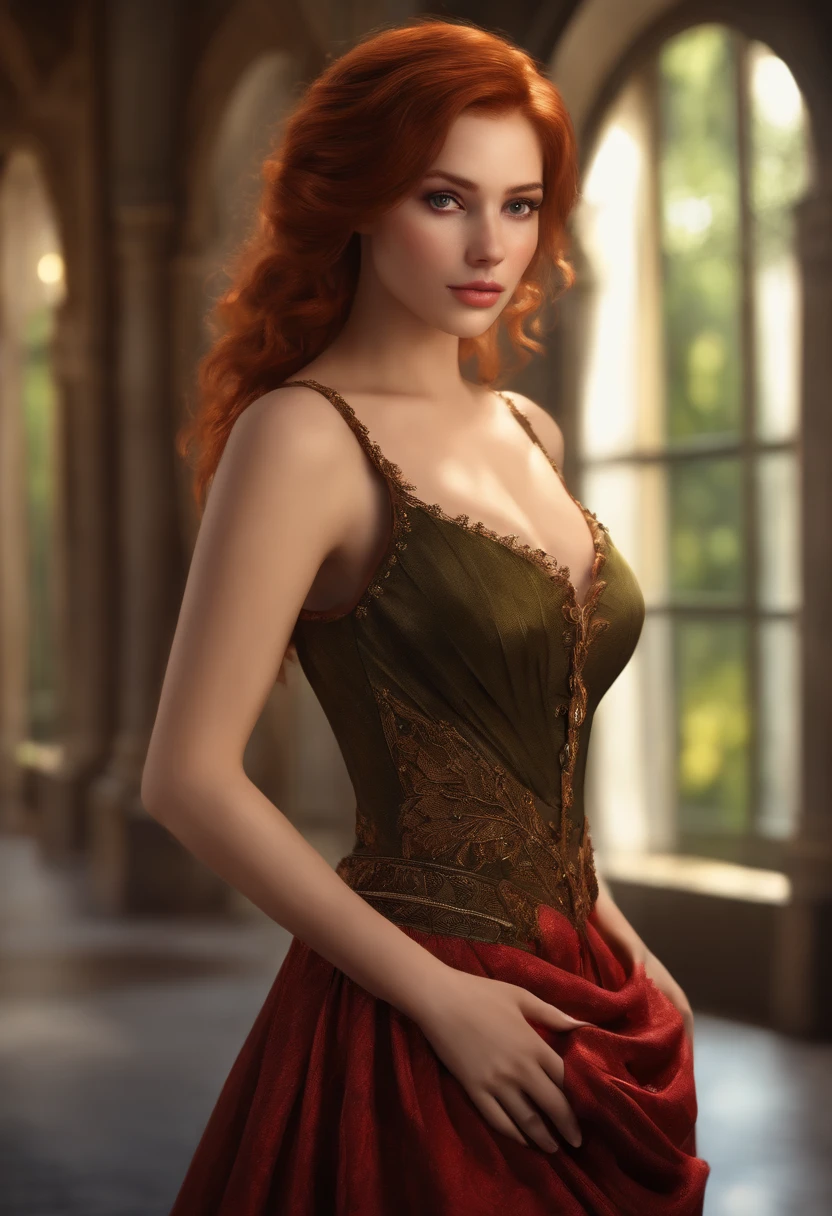 Best quality, Masterpiece, (Realistic: 1.2), 1 girl, Slim girl, Red hair, Brown eyes, Front, Detailed face, Beautiful eyes, Brown eyes, Big eyes, Small breasts, cleavage, Long dress