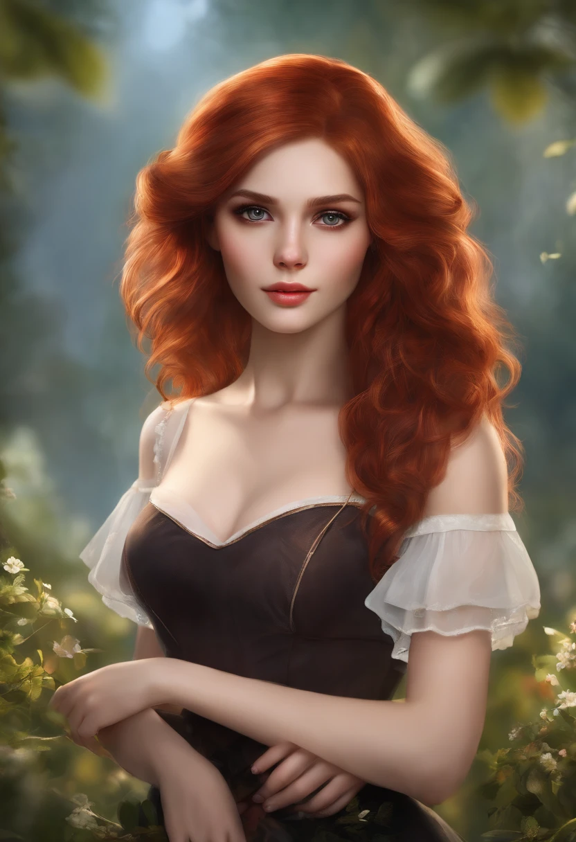 Best quality, Masterpiece, (Realistic: 1.2), 1 girl, Slim girl, Red hair, Brown eyes, Front, Detailed face, Beautiful eyes, Brown eyes, Big eyes, Small breasts, cleavage, Long dress