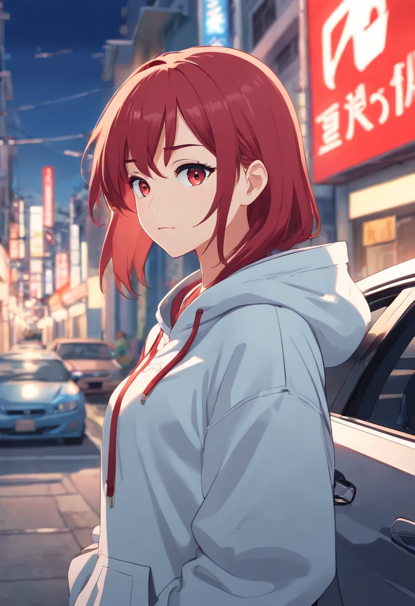 1 girl, Honda car theme, Honda car style, car brand, red hair, silver hoodie