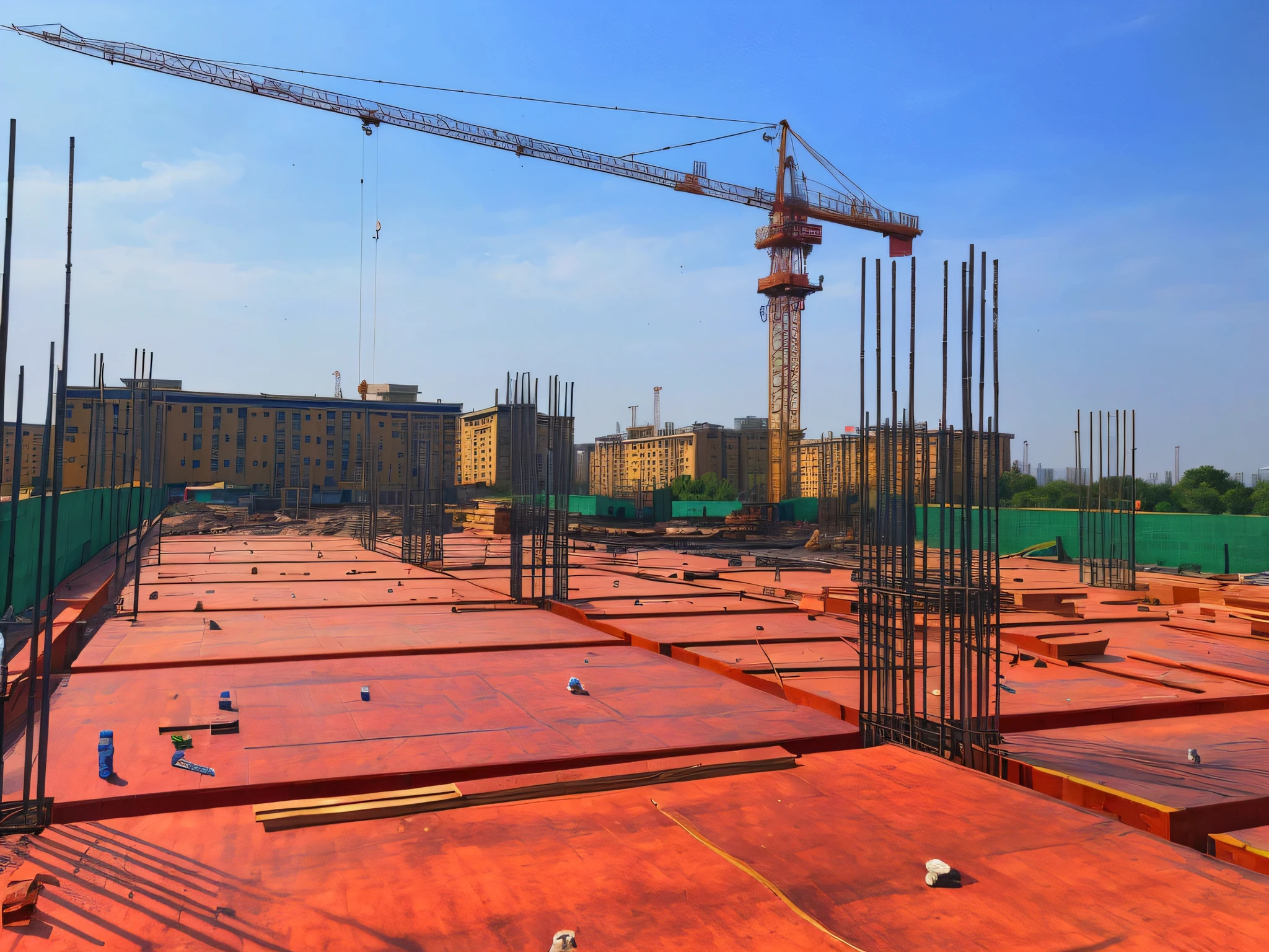 There is a construction site with a crane and a building under construction, Construction site, beijing, Construction, photograph taken in 2 0 2 0, looking partly to the left, construction yard, bright construction materials, 8 k''. filling of the view, cover shot, baotou china, the photo shows a large, wide long view, looking towards camera