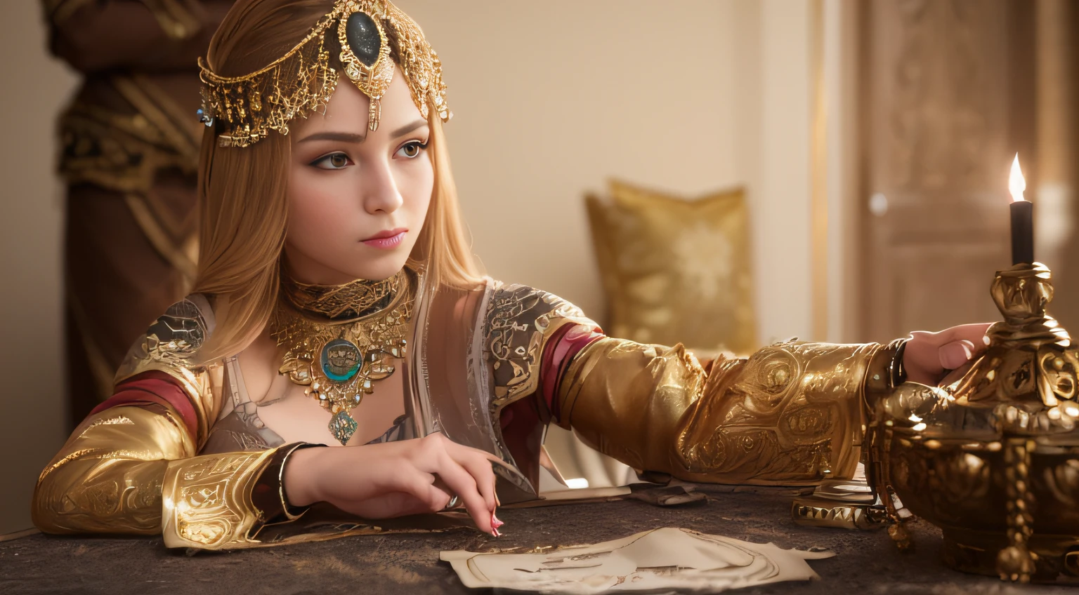 ((Full-pageconcept-art, Project Sheet, 3 dBlender: 1)), Women's jewelry in the Slavic style, a gold, silver, gems, 3d модель, depth, many details, ((extreme hight detail)),(Ultra-detailed),(painting), chiaroscuro, extremely detailed CG unity 8k wallpaper,
