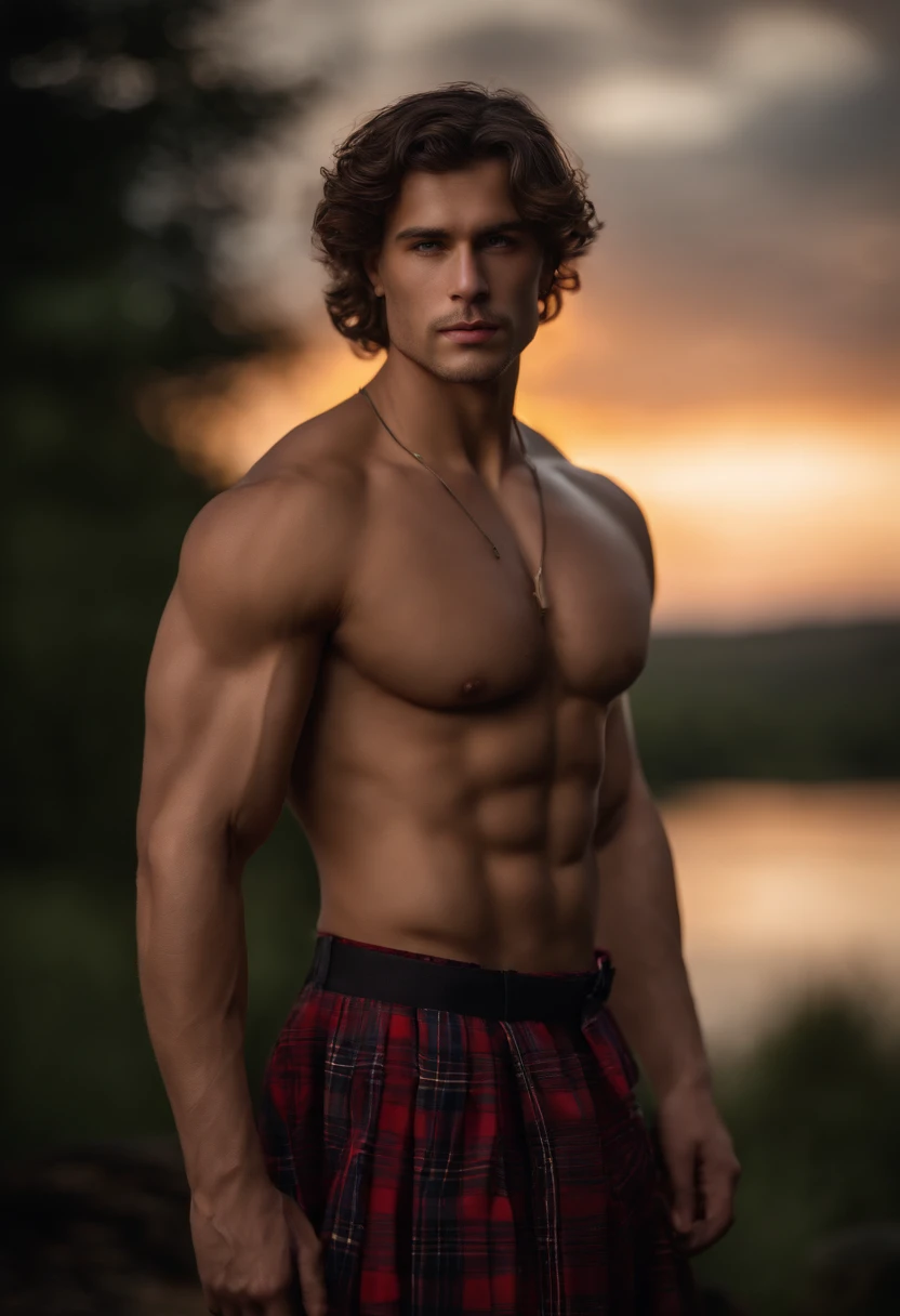8k, masterpiece, RAW photography, best quality, photorealistic, highly detailed CG unity 8k wallpaper, depth of field, cinematic light, raw, (extremely beautiful and charismatic face, beautiful lips, beautiful eyes), intricately detailed face, (ultra detailed skin), 1 man, in nature, in deep shadows, beautiful young scottish male, (very strong and muscular body:1.3), (topless), (great determined look) :1.3), (shirtless), (lake background, dark night, starry night, blurred background), barechest, tartan kilt, long hair