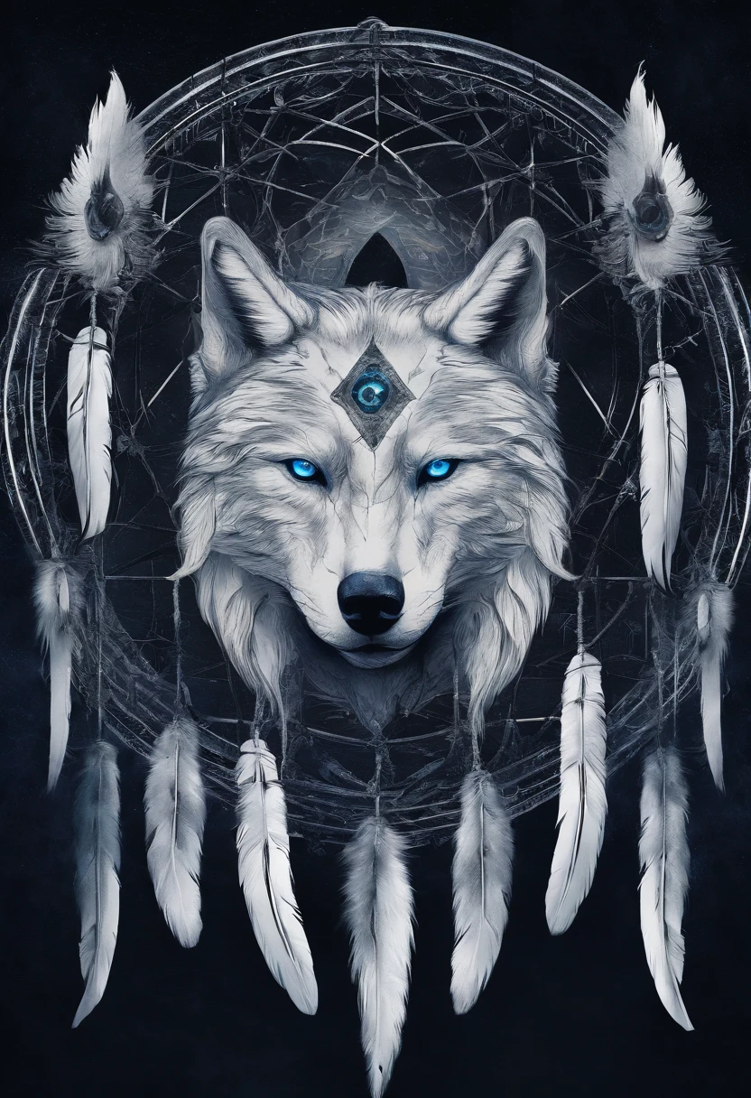 （White wolf in a circle of colorful dream catchers），"T-shirt design with circular silhouette of wolf face, Crescent, and stars in the，Blue glowing eyeballs