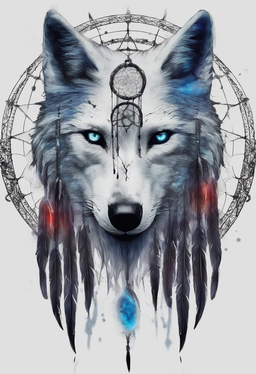 (White wolf in a circle of colorful dream catchers),"T-shirt design with circular silhouette of wolf face, Crescent, and stars in the,Blue glowing eyeballs