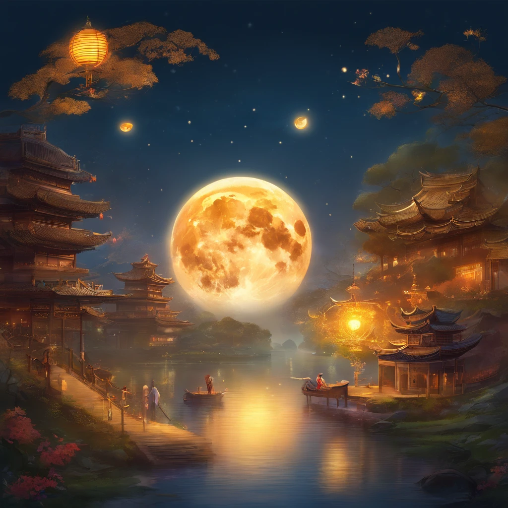 mid-autumn festival, Round moon, the night, Moon cake, teas, UHD, retina, masterpiece, ccurate, super detail, high details, high quality, best quality, highres, 16k