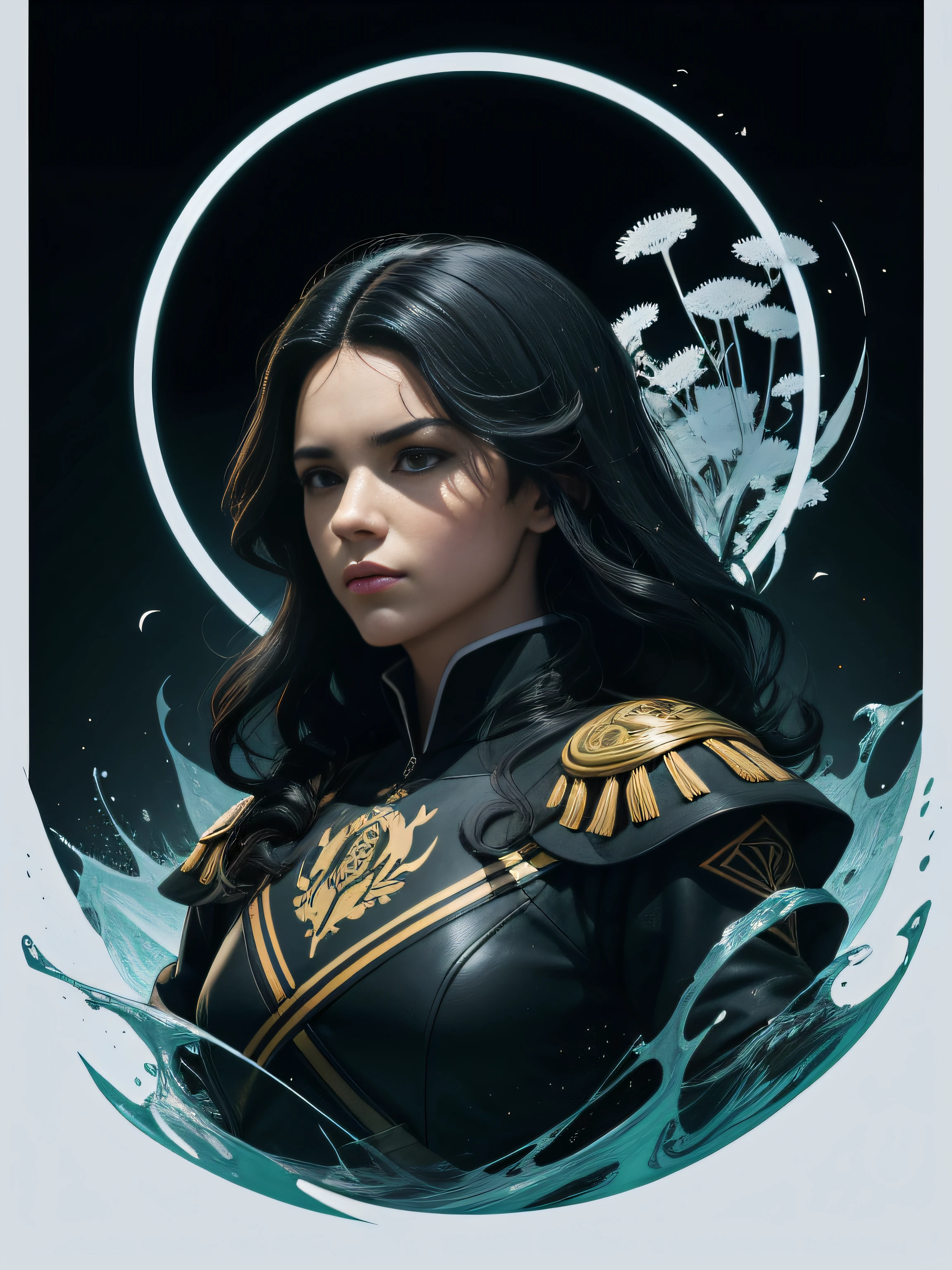 [dandelions] Heraldic silhouette, logo masking style illustration, por Dan Mumford, por Greg Rutkowski, Por James Jean, fondo negro, Misterioso, fantasy art, realista, majestuoso, colores vivos y ricos, alto contraste, Marca de agua sin costuras, Artstation, Deviantart, babear, burbuja roja, teepublic, foco nítido, sencillo, hiper detallado, Dibujo detallado, vectorizar, contorno, isometric style, 8k."