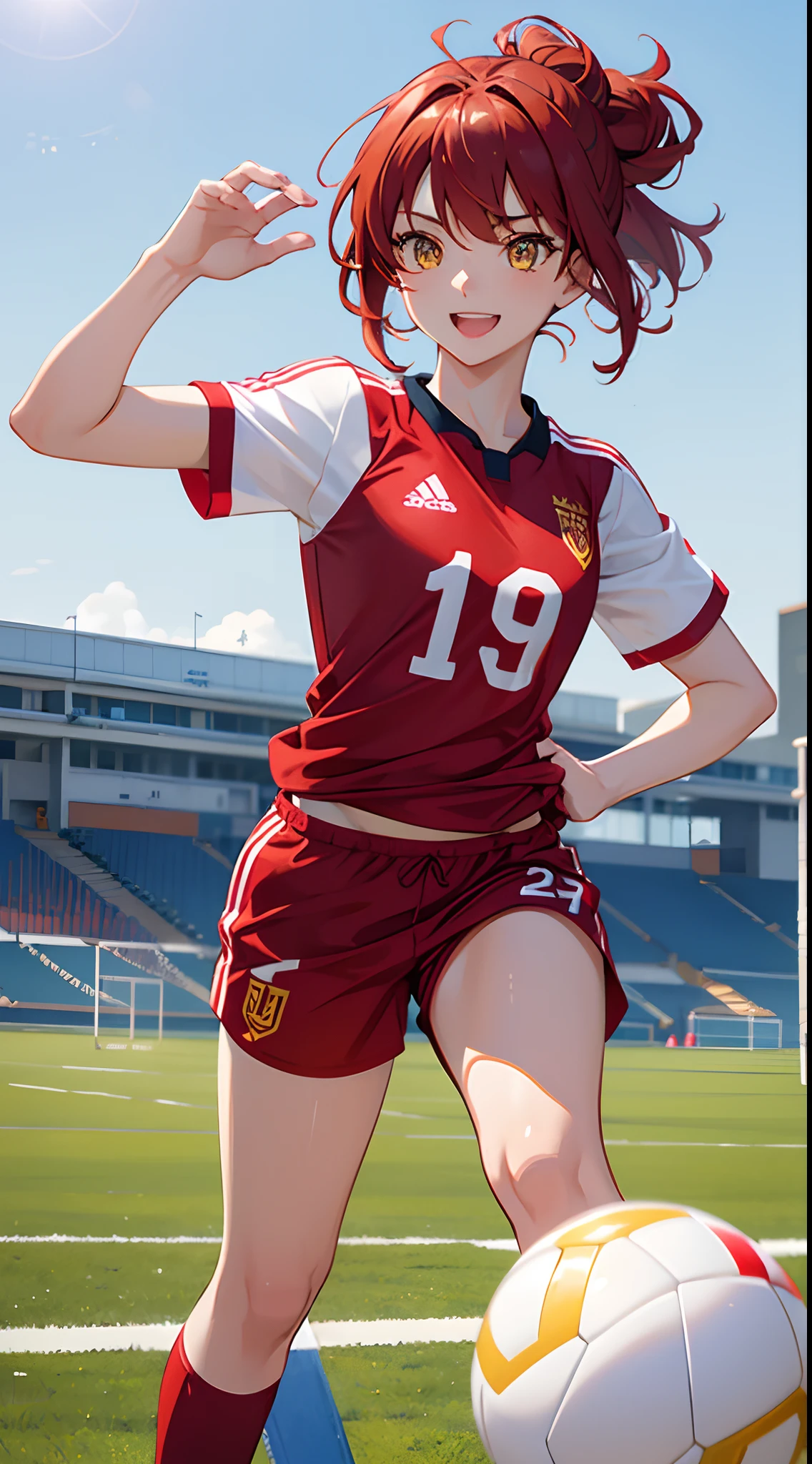 1 girl 19 years old, yellow eyes, shoulder-short red hair, hair tied high, wearing red and white soccer jerseys, wearing red soccer shorts, confident smile, confident face, playing soccer on the soccer field at school, kick the ball, sunny weather, noon, extremely detailed, best graphics, 8k, ultrasharp, masterpiece