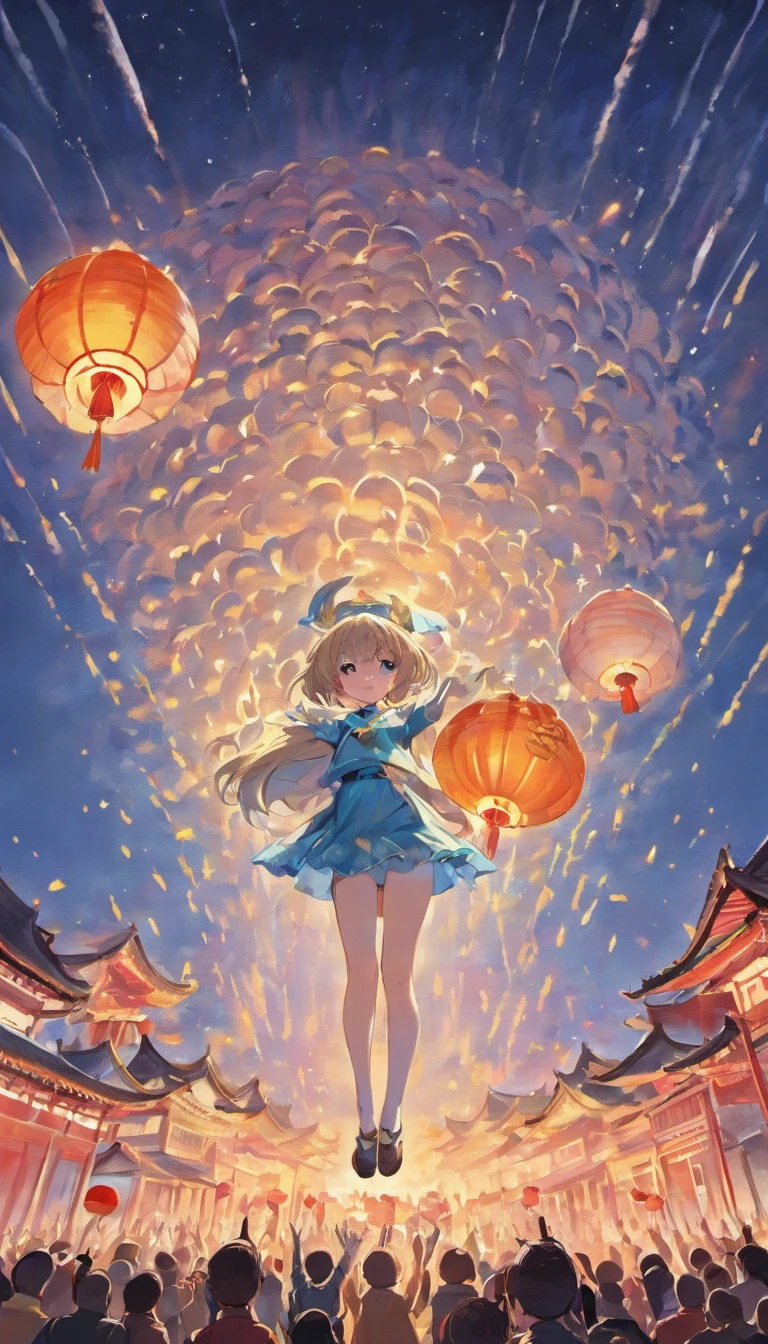 A poster centers on China's Tiananmen Square, On top is a moon, There are mooncakes and rabbits on the moon, Chinese background, from below, high quality, UHD