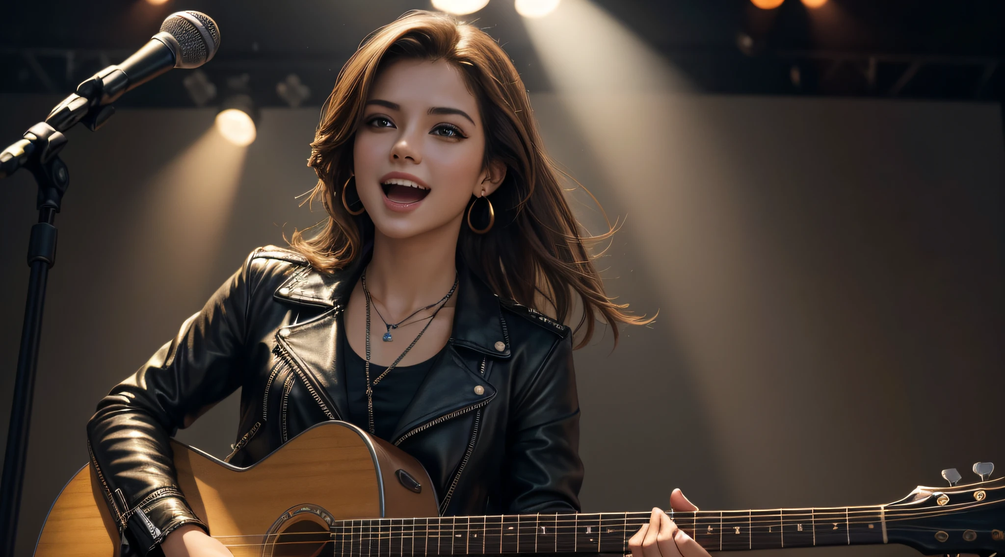 (Masterpiece:1.3, Best quality, Photorealistic, Ultra-detailed, finely detailed, high resolution, 8K wallpaper), 1 beautiful girl, Lead singer of the rock band group, In a flower leather jacket, Sing with an electric guitar, standing microphones, Mouth open, Beautiful face, Detailed face, Beautiful eyes, Detailed eyes, Smiling, Earrings, necklace, Detailed guitar, (Straight guitar neck and strings), Medium length light brown hair, be on stage, spotlight, Look at the viewer