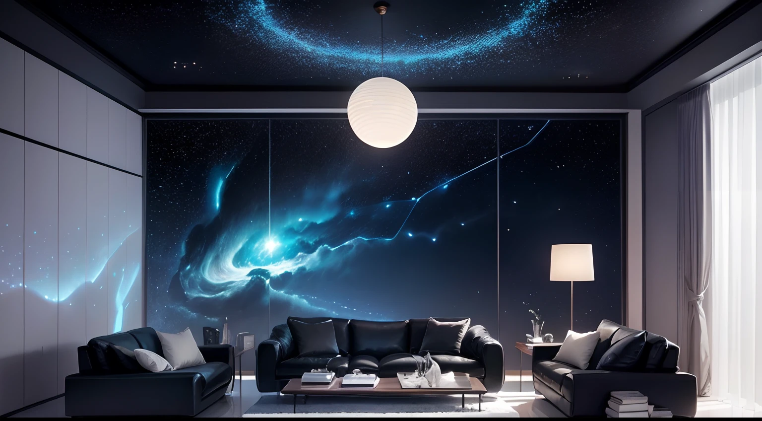 The living room is a private chat space where aliens live，Full of mystery and sci-fi elements。The walls are made of translucent material，You can see the starry sky and cosmic scene outside through the wall。The furniture has beautiful and simple lines，heavy diverse colors，Complements the alien sense of technology。