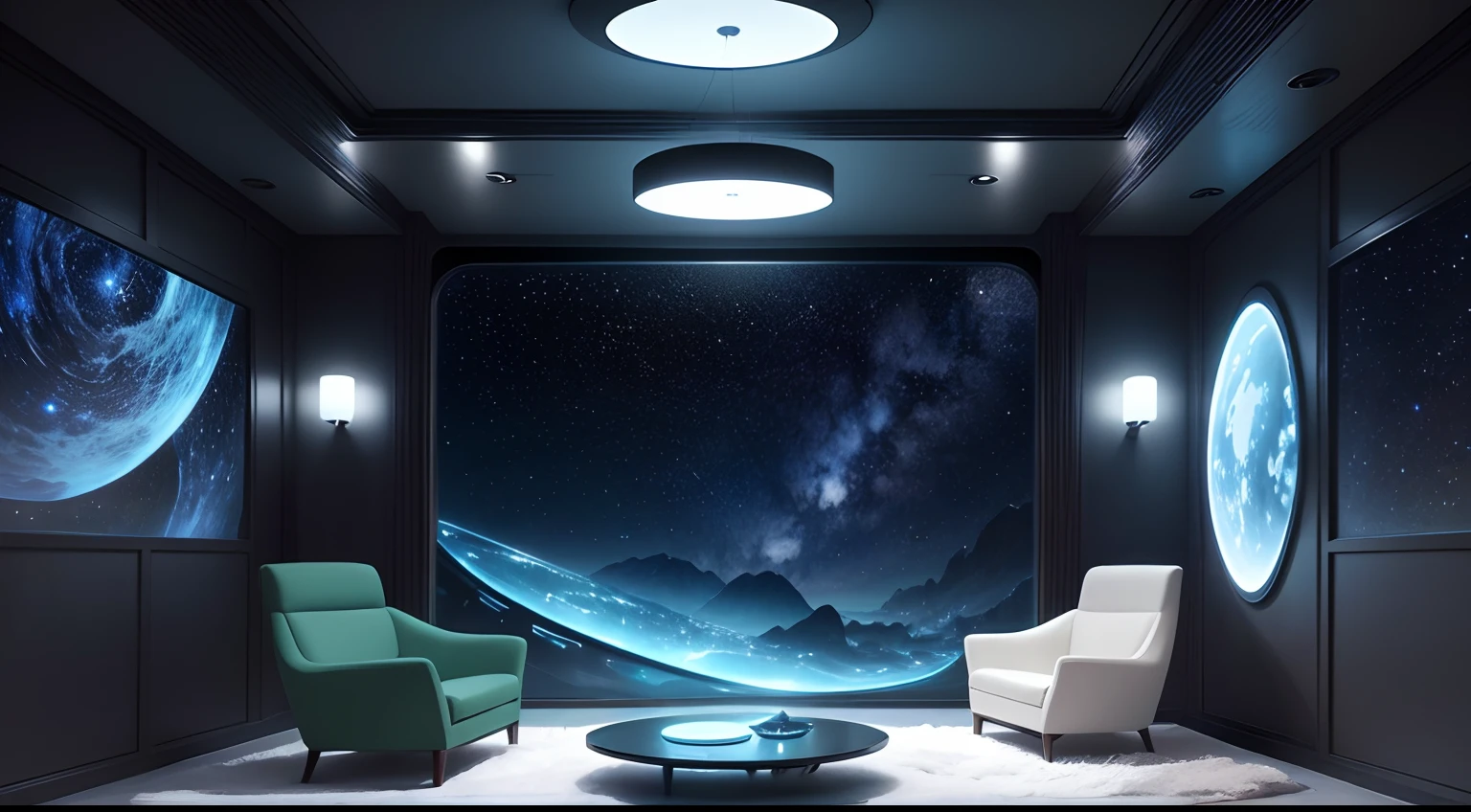 The living room is a private chat space where aliens live，Full of mystery and sci-fi elements。The walls are made of translucent material，You can see the starry sky and cosmic scene outside through the wall。The furniture has beautiful and simple lines，heavy diverse colors，Complements the alien sense of technology。