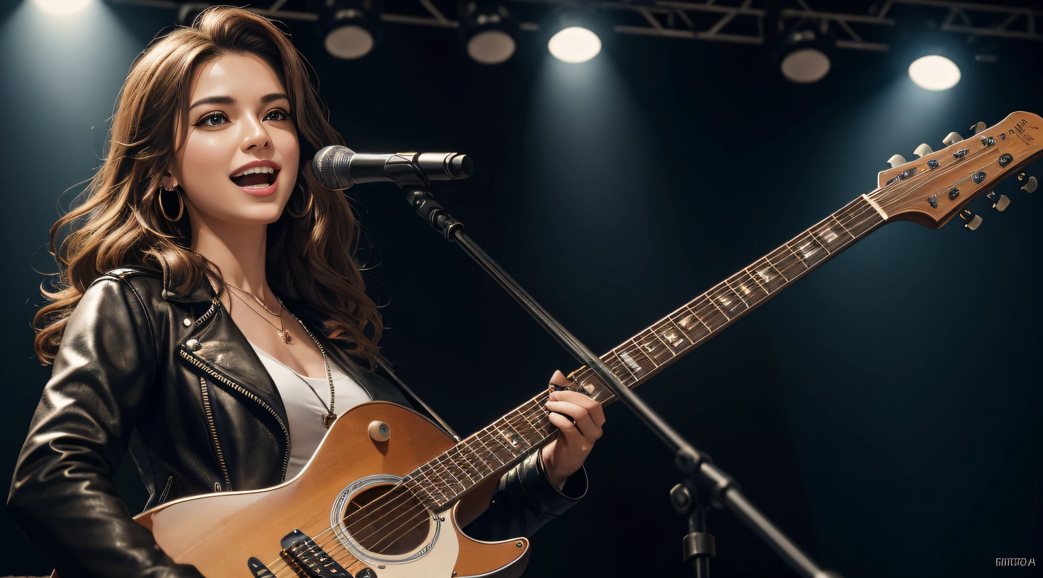 (Masterpiece:1.3, Best quality, Photorealistic, Ultra-detailed, finely detailed, high resolution, 8K wallpaper), 1 beautiful girl, Lead singer of the rock band group, In a flower leather jacket, Sing with an electric guitar, standing microphones, Mouth open, Beautiful face, Detailed face, Beautiful eyes, Detailed eyes, Smiling, Earrings, necklace, Detailed guitar, (Straight guitar neck and strings), Medium length light brown hair, be on stage, spotlight, Look at the viewer, shot from down stage to above