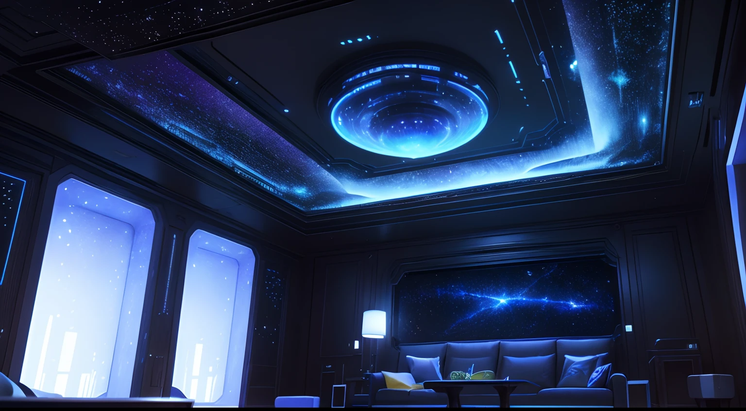 The living room is a private chat space inhabited by aliens,Full of mystery and sci-fi elements。The walls are made of translucent material,Through the walls, you can see the starry sky and cosmic scenes outside。The furniture is beautiful and simple,heavy diverse colors,Complements the aliens' sense of technology。