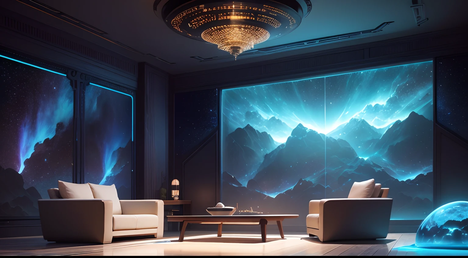 The living room is a private chat space inhabited by aliens,Full of mystery and sci-fi elements。The walls are made of translucent material,Through the walls, you can see the starry sky and cosmic scenes outside。The furniture is beautiful and simple,heavy diverse colors,Complements the aliens' sense of technology。