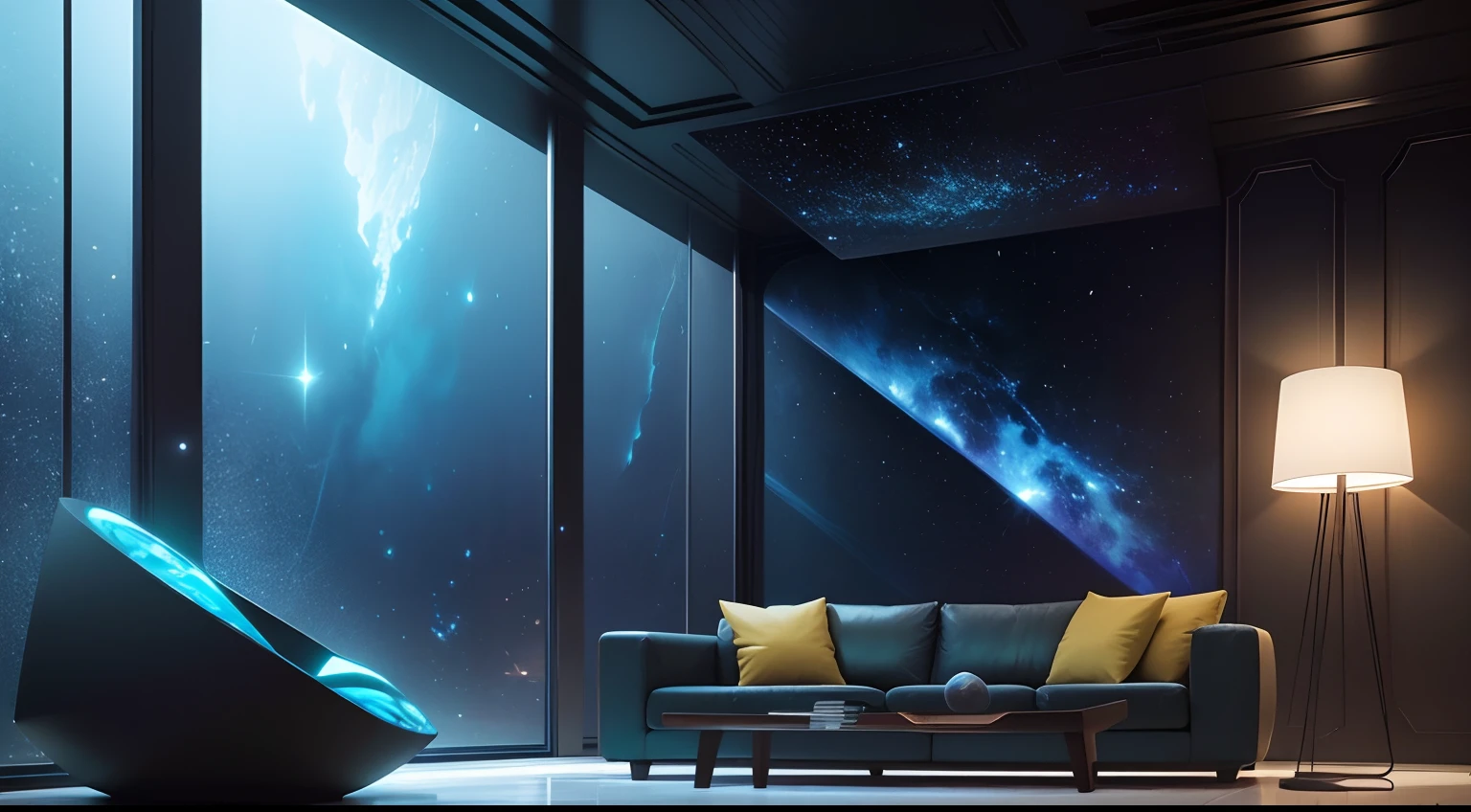 The living room is a private chat space inhabited by aliens,Full of mystery and sci-fi elements。The walls are made of translucent material,Through the walls, you can see the starry sky and cosmic scenes outside。The furniture is beautiful and simple,heavy diverse colors,Complements the aliens' sense of technology。