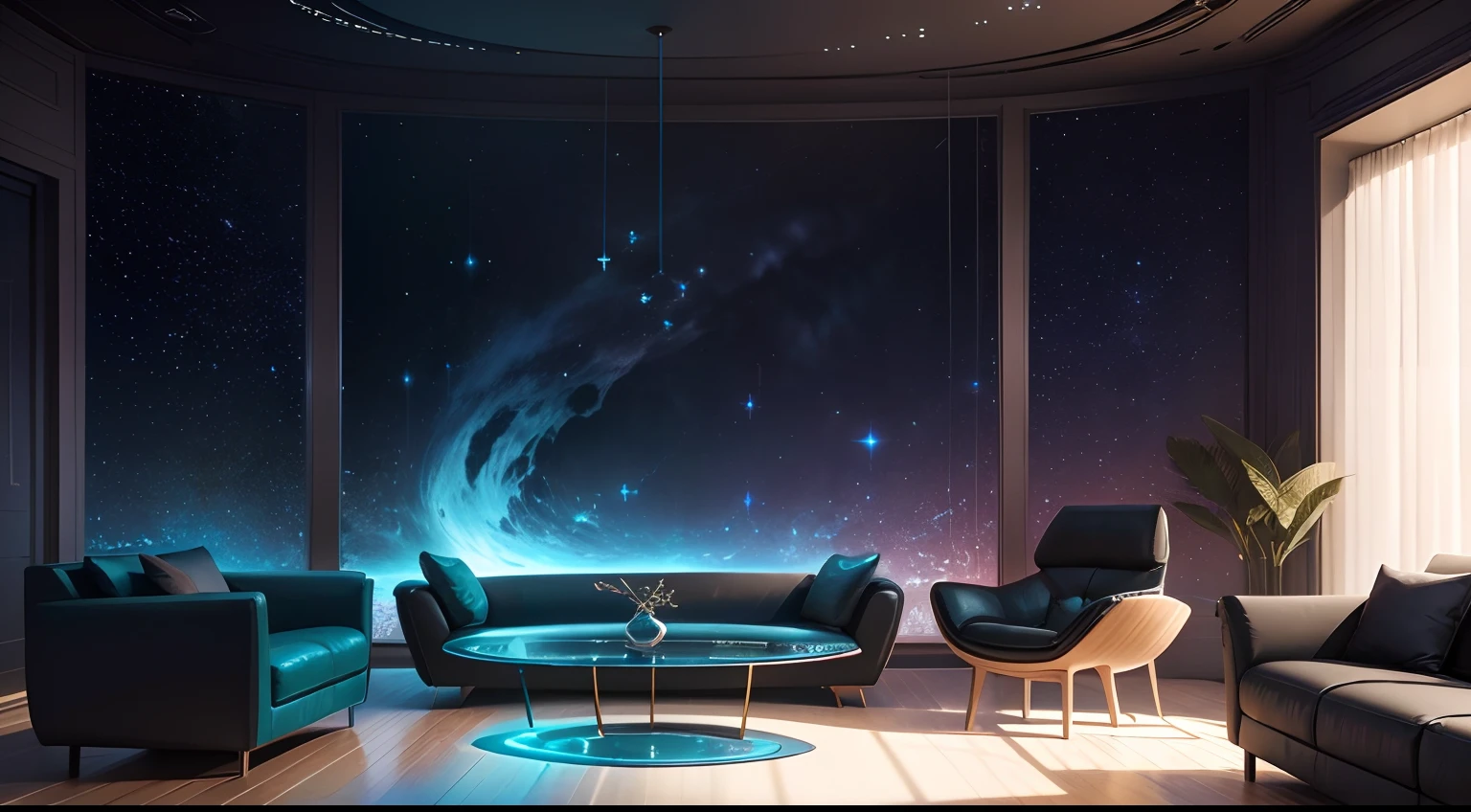 The living room is a private chat space inhabited by aliens,Full of mystery and sci-fi elements。The walls are made of translucent material,Through the walls, you can see the starry sky and cosmic scenes outside。The furniture is beautiful and simple,heavy diverse colors,Complements the aliens' sense of technology。