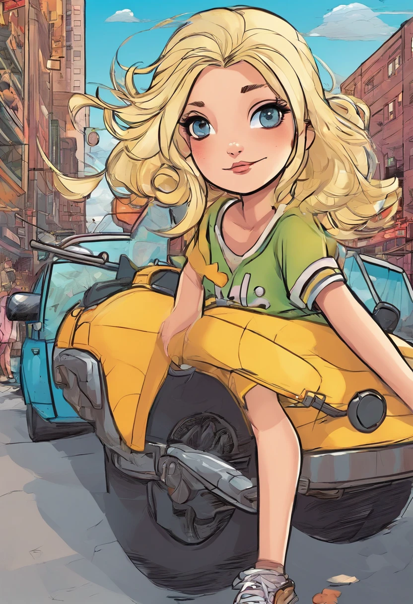 girl,coiffed blonde hair,in city,Riding a battery car,Look at the camera playfully