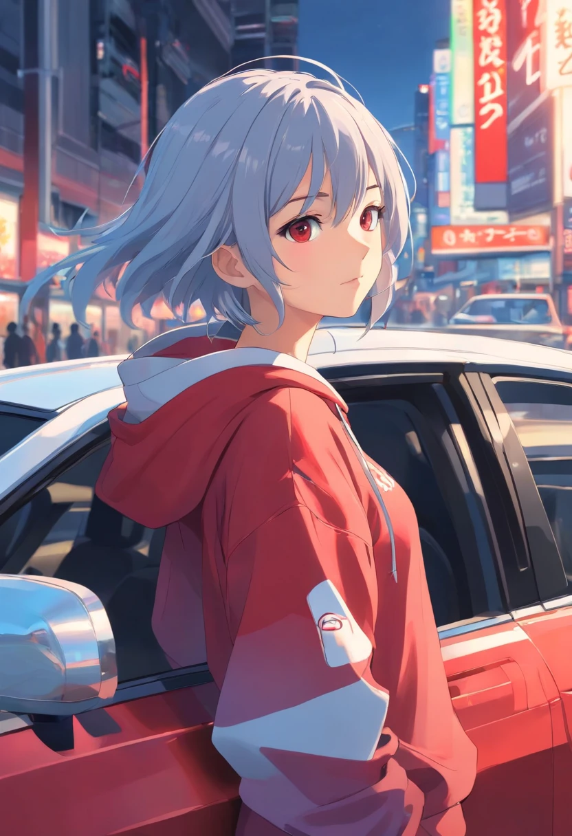 futuristic city, gray hair, red eyes, pretty cardigan, smile, beautiful, summer, peace, masterpiece, one, girl, eyes_focus,