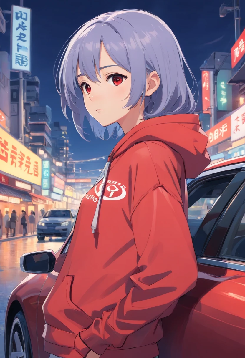 1 girl, Toyota car theme, Toyota car style, car brand, Toyota logo, silver hair, red hoodie