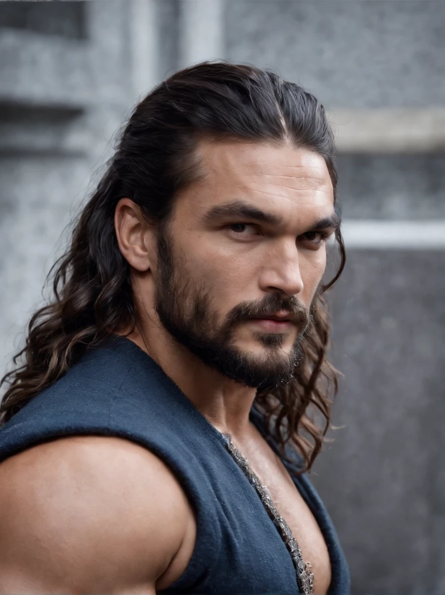 Homem arrogante de cabelos compridos , masculino e robusto, masculino sexy, sem camisa, Jason Momoa, masculino e bonito, strong masculine traits,, Christian Cline, mid-shot de um macho bonito, he is a rockstar, rasgado, o extremamente quente e sexy, macho atraente, blue tartan kilt, long black hair