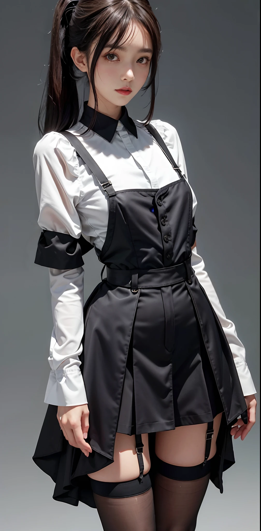 masuter piece、A detailed、A delicate near future、Black skirt, suspenders, brown haired、grey eyes, Garter belt on the legs, Tight black clothes, small tits、Valley、holster、chain、poneyTail、Thin leg、A slender、Cute、A sexy、