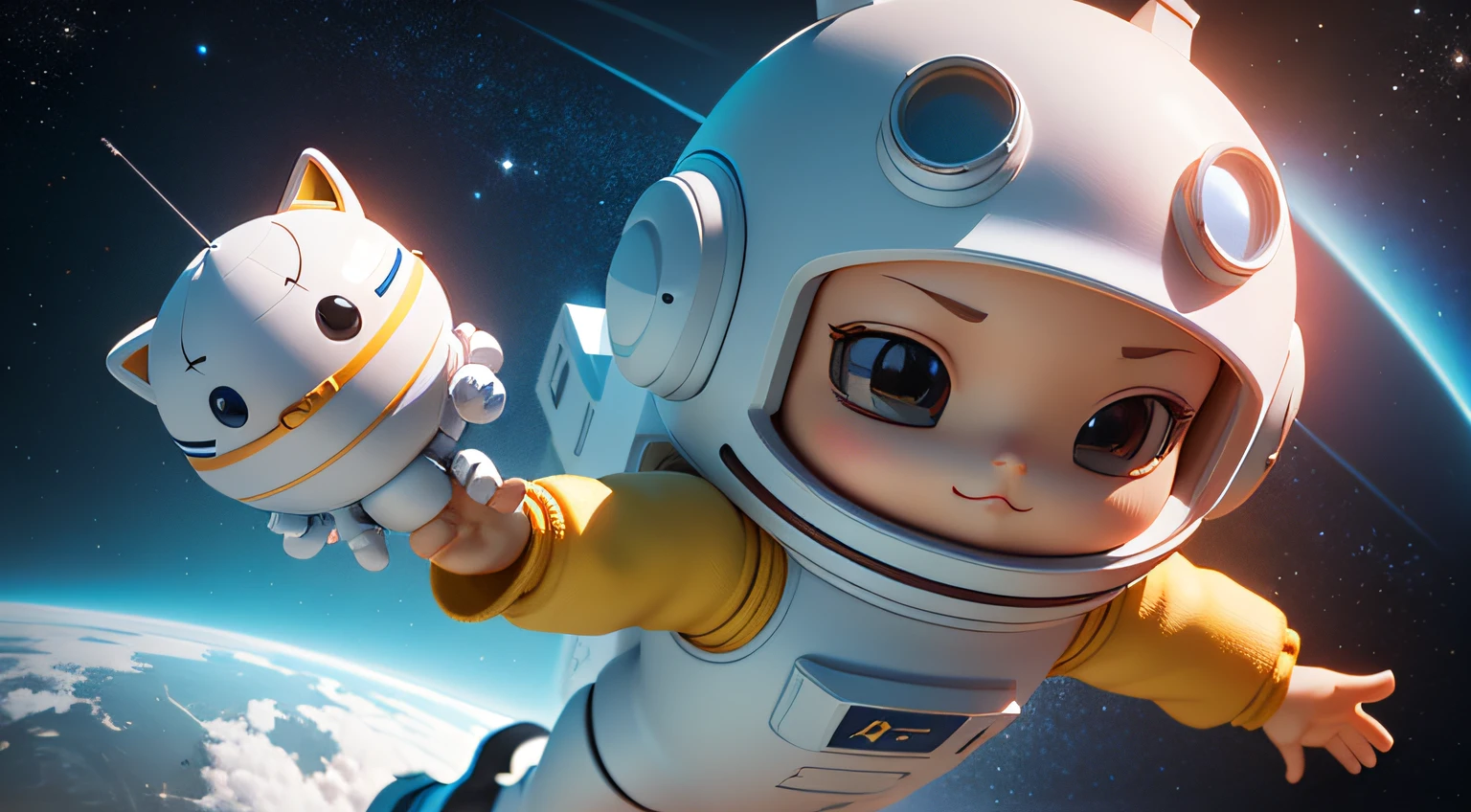 Cute 3D characters, Cute toy sculpture style,The line structure is simple,Bring a helmet,Being in outer space,Full of technology,3D rendering stylized, 3D rendered 8K art, Glossy,digitial painting, Ultra-detailed rendering,with a simple background,The character is left blank in the middle of the right