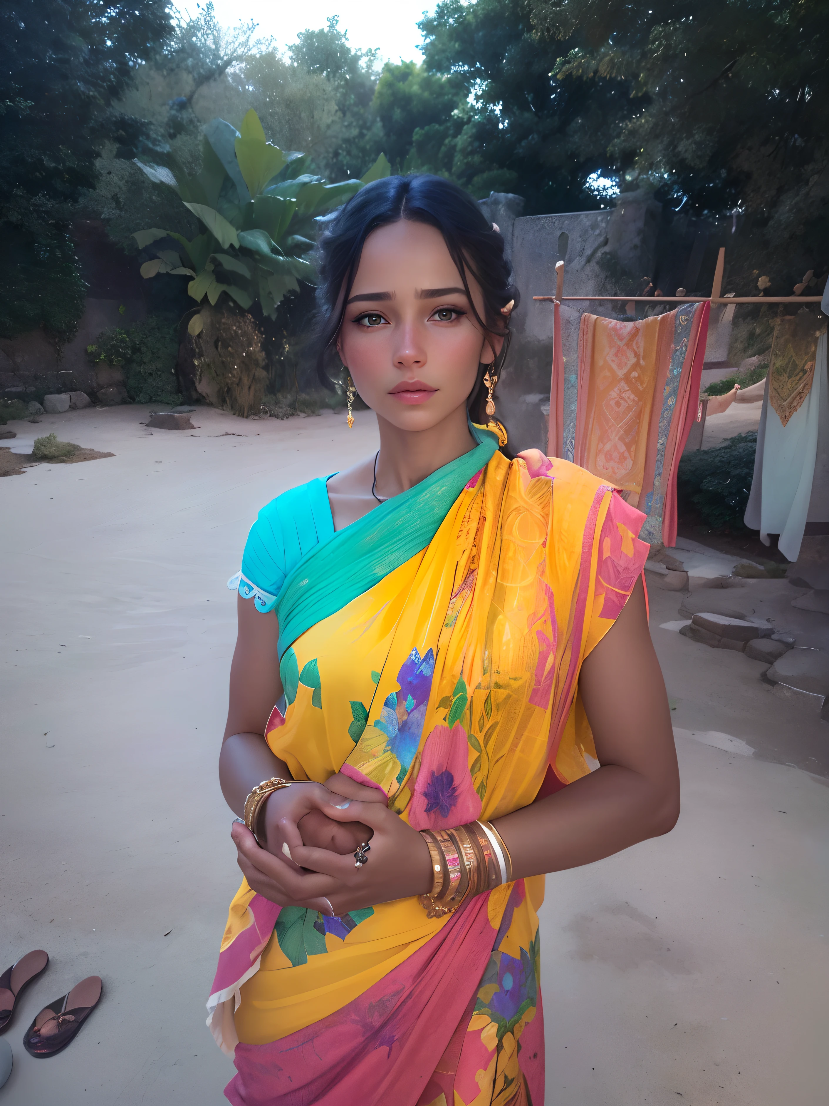 (realistic,photorealistic:1.37),ultra-detailed,(best quality,4k,8k,highres,masterpiece:1.2),long dark hair,fair skin,expressive green eyes,detailed lips,subtle makeup,soft lighting,neutral background,wearing a white dress,standing in a peaceful garden,natural surroundings,gentle breeze,realistic woman,changing background