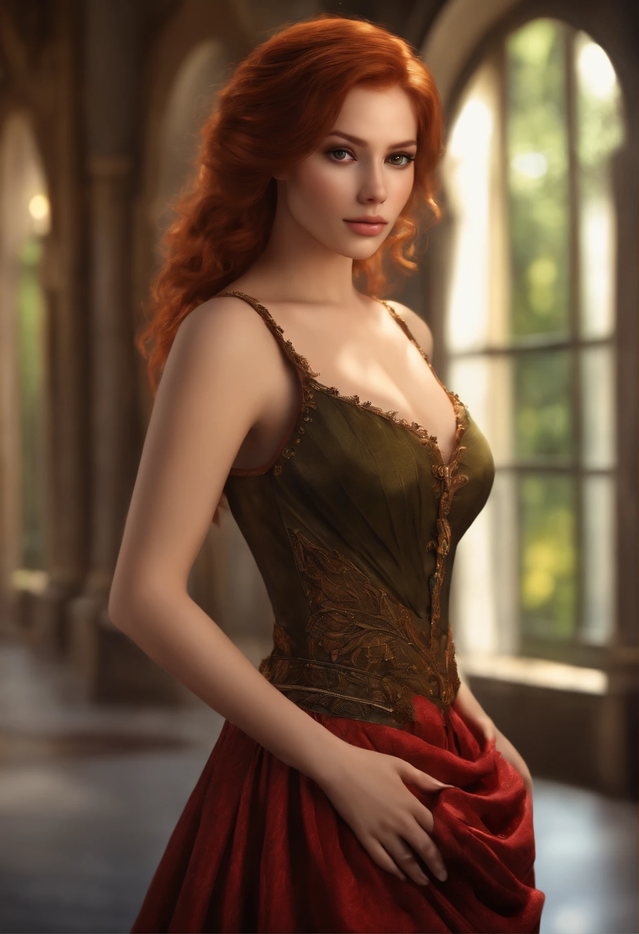 Best quality, Masterpiece, (Realistic: 1.2), 1 girl, Slim girl, Red hair, Brown eyes, Front, Detailed face, Beautiful eyes, Brown eyes, Big eyes, Small breasts, cleavage, Long dress