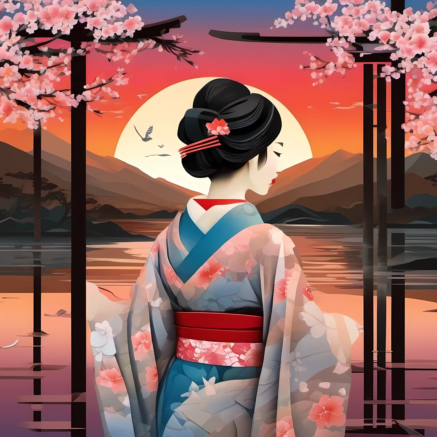 Paper cut-art, colorful paper art, A most beautiful Japanese woman, from behind, portrait, red kimono, cherry blossom, pond, Mt. Fuji, sunset,
