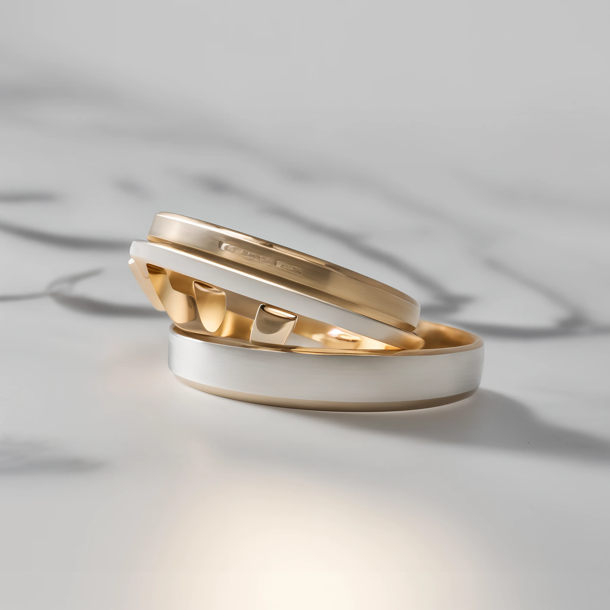 Close-up of a pair of two metal rings on a white surface, right angled view, product introduction photos, Side view, detailled image, side profile view, profile view, side - view, the sideview, 3237315913, Resplendent，Take pride in carrying it, high detail product photo