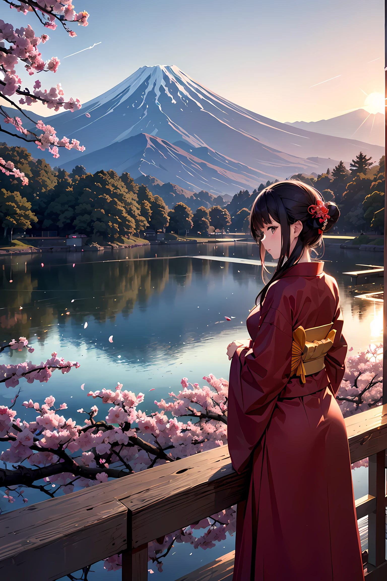 Paper cut-art, colorful paper art,  A most beautiful Japanese woman, from behind, portrait, red kimono, cherry blossom, pond, Mt. Fuji, sunset,