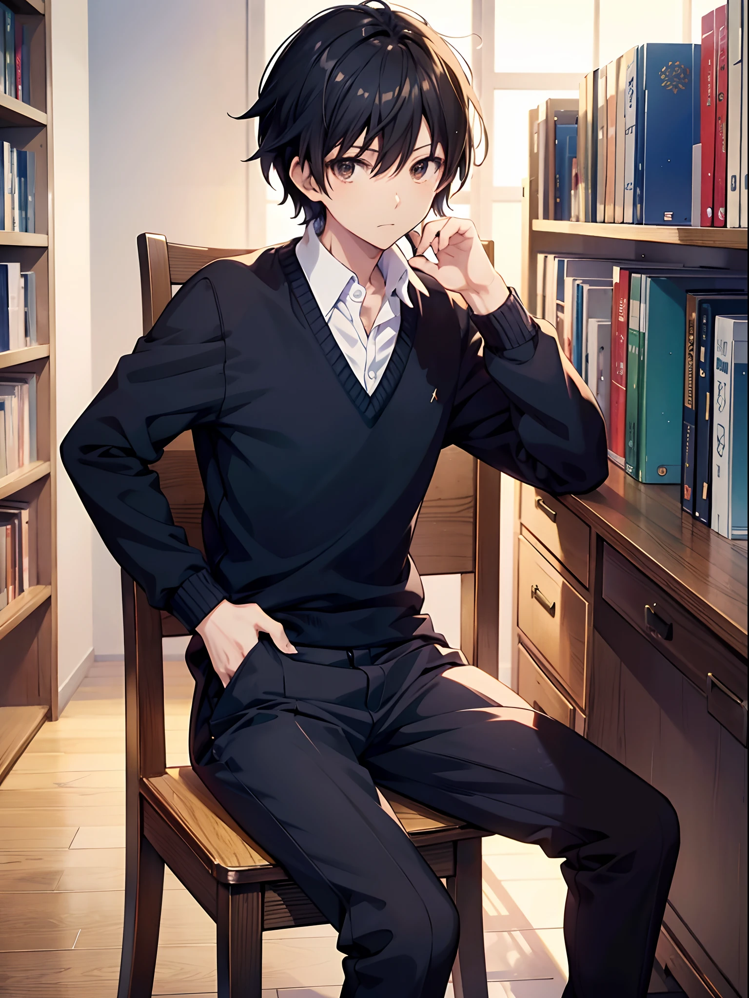 Anime Style a Boy Sitting On The Wooden Chair With Cool Pose, Black Hair And Brown eyes, School Uniform, Background Inside the Library, Anime Makoto Shinkai, Makoto Shinkai Style Art, Expresive Eye, Best Quality, Perfect Face, Boy Characters, Dazai Osamu Hair Style