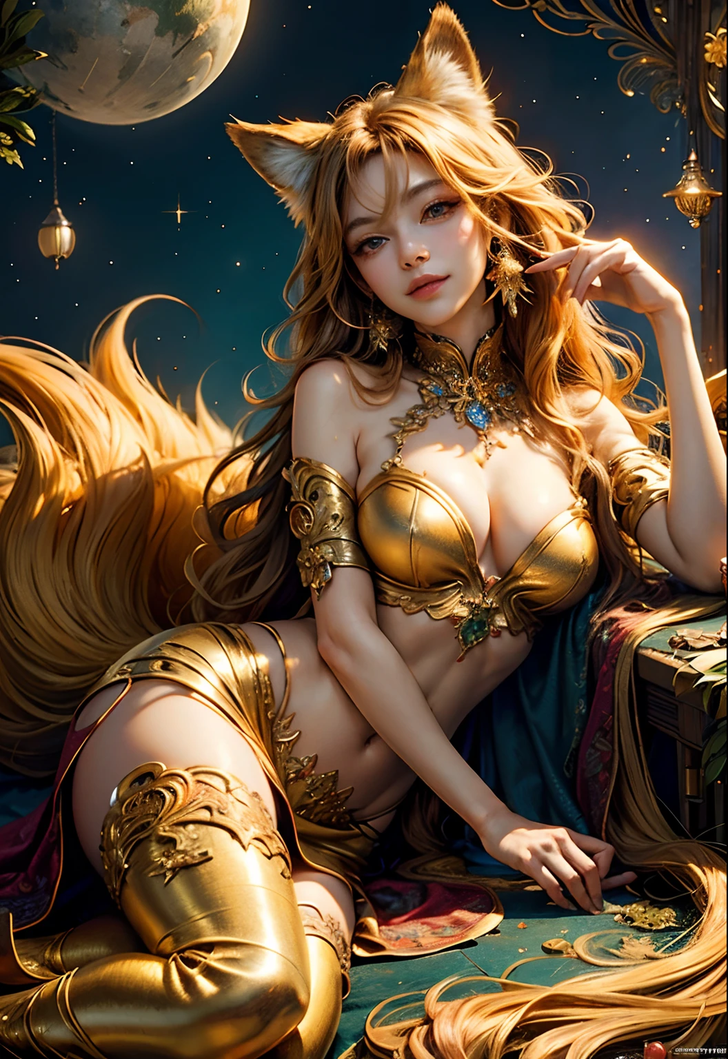 (masterpiece、top-quality、top-quality、Official art、Beautifully Aesthetic:1.2)、(1girl in)、ighly detailed、(Fractal Art:1.3)、colourfull、highestdetailed Golden Nine Tail Fox Golden background Soft smile breasts are large Soft expression A smile Facing straight ahead The body is also front Lying down