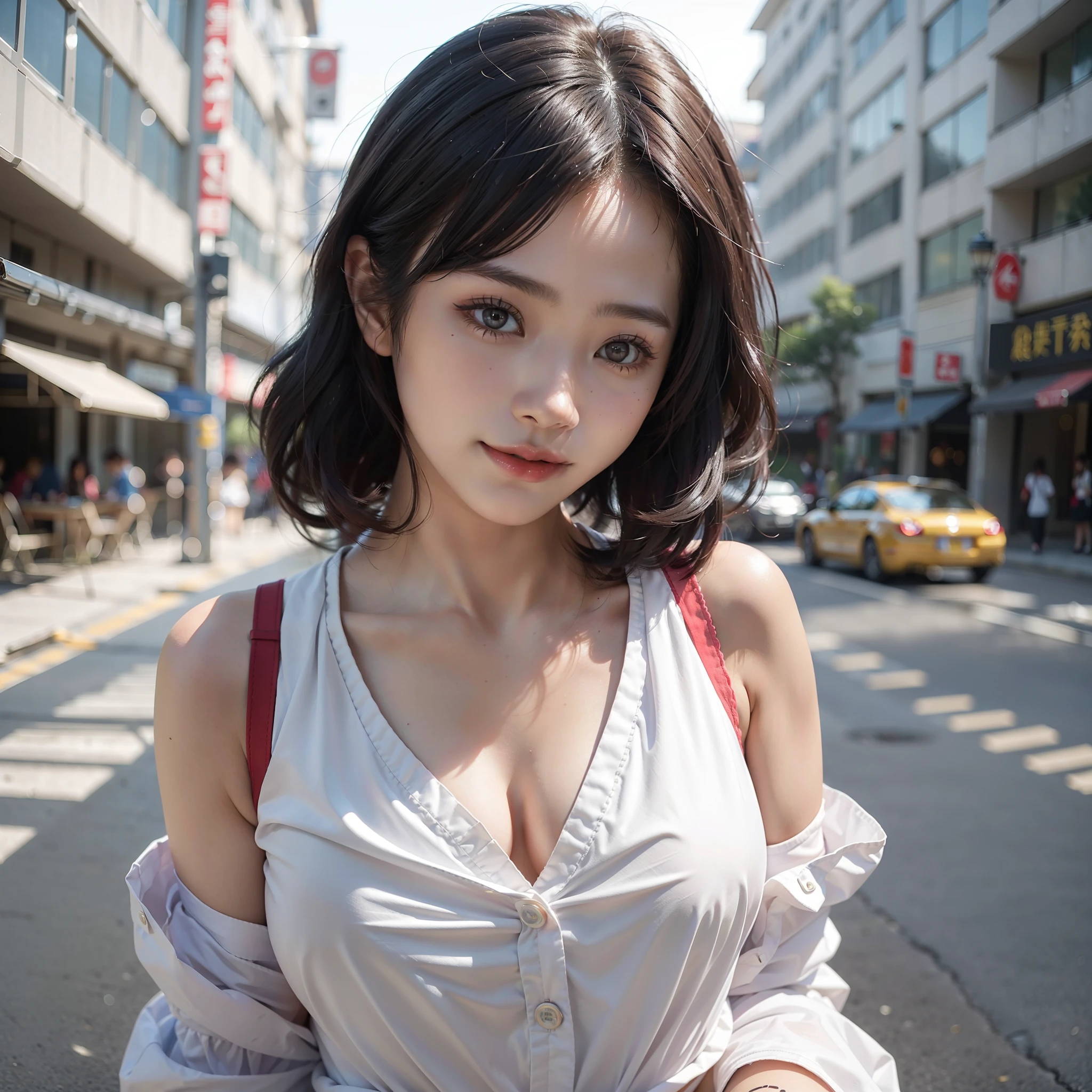 Attractive lonely woman in white collar shirt in the middle of the road、from waist up、Asian woman smiling at Alafe,、1 persons、Young Pretty Gravure Idol、Young skinny gravure idol, Realistic Young Gravure Idol, Young Sensual Gravure Idol, Photorealistic: 1.5、japanes, drooping eyes: 1.3, Perfect proportions, Portrait, ((Nikon Student) (Photo)) (8K, FujifilmXT3, masutepiece, ((Real Skin)) (No retouching, Lip gloss, False eyelashes, Real Skin, Highest Quality, Ultra-high resolution, depth of fields, chromatic abberation, Caustics) , Wide Lighting, Natural Shading))