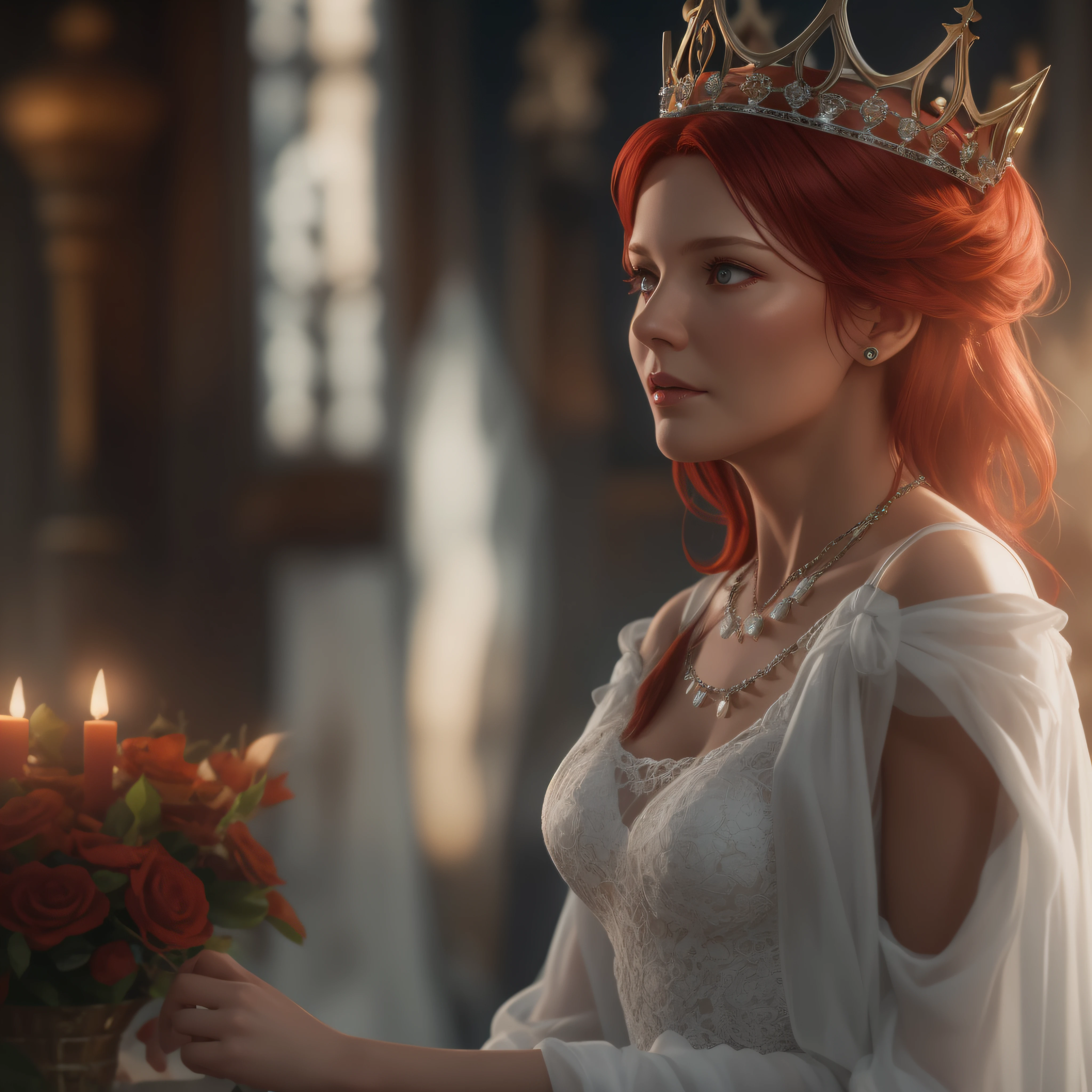 50 yrs. old Gorgeous red hair witch in white dress, wearing a princess crown, against her will, photo-realistic, octane render, unreal engine, ultra-realistic