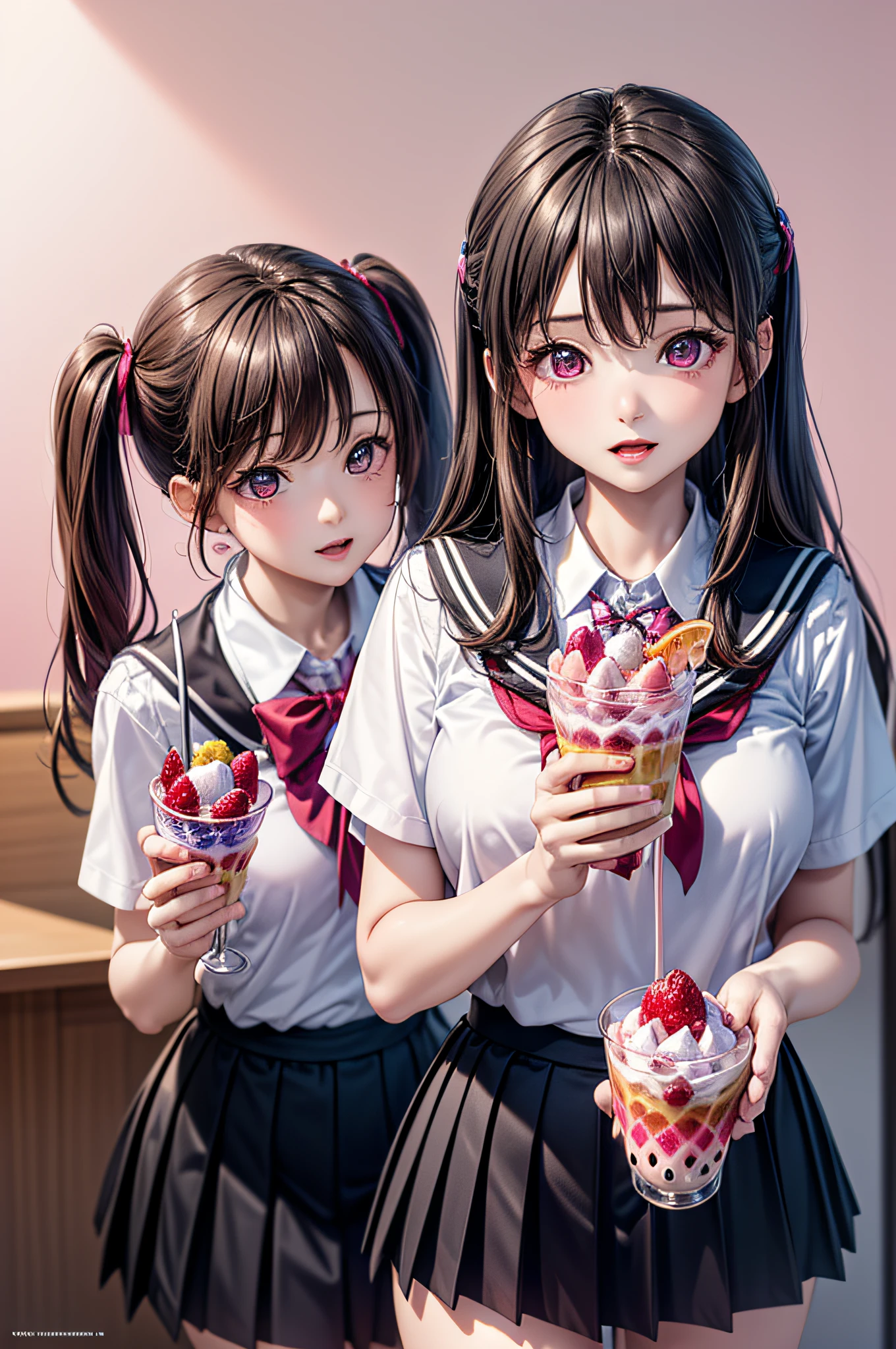 ((2girls)), ((Best Quality)), (Ultra-detailed), (extremely detailed CG unified 8k wallpaper), Highly detailed, High-definition raw color photos, Professional Photography, (Twintails), Brown hair, Amazing face and eyes, Pink eyes, (amazingly beautiful girl), (hi-school uniform, pleated mini skirt:1.3), pink background, ((stylish cafe)), ((fruit parfait)),