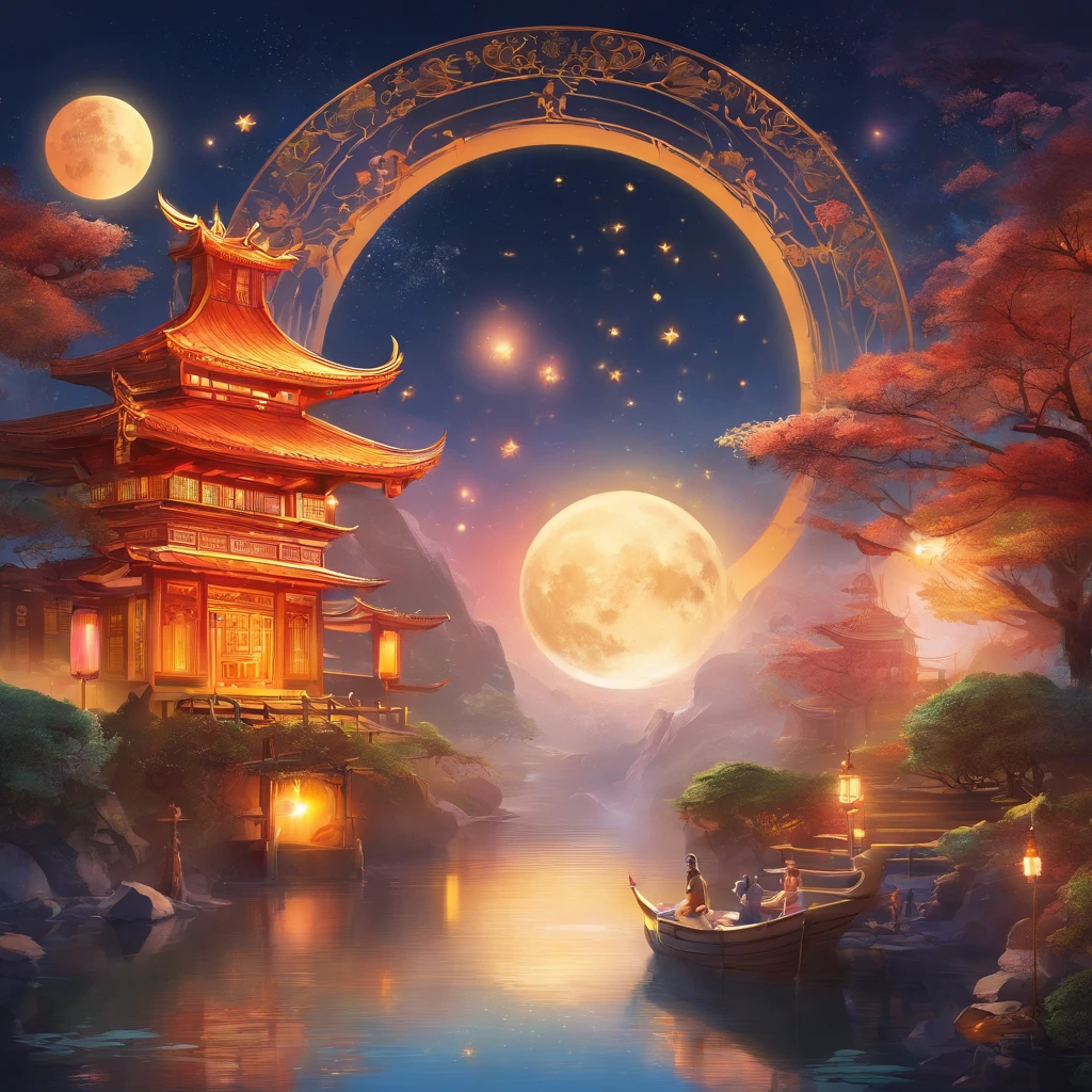 Mid-Autumn Festival, A round moon, the night, （Moon cake）, teas, the fruits, edgBunny, Chang'e rushes to the moon, symmetry, high detail, Romanticism, sparkle, god rays, ray tracing, UHD, retina, masterpiece, ccurate, super detail, high details, high quality, best quality, highres, 16k, anatomically correct