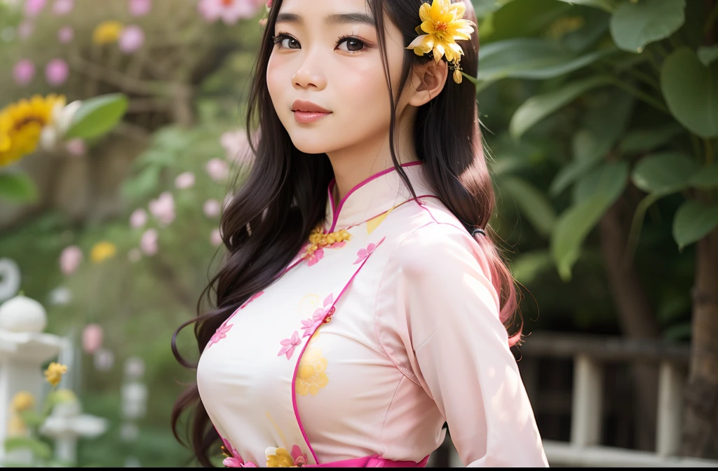 arafed woman in a pink dress with a yellow flower in her hair, in style of lam manh, nivanh chanthara,  thai girl, traditional beauty, ao dai, dang my linh, lovely woman, young and cute girl, young asian girl, a young asian woman, asian girl, vietnamese woman, beautiful asian girl, beautiful pretty young
