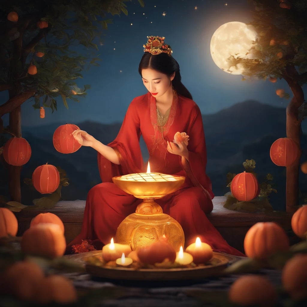 Mid-Autumn Festival, A round moon, the night, (Moon cake), teas, the fruits, edgBunny, Chang'e rushes to the moon, symmetry, high detail, Romanticism, sparkle, god rays, ray tracing, UHD, retina, masterpiece, ccurate, super detail, high details, high quality, best quality, highres, 16k, anatomically correct
