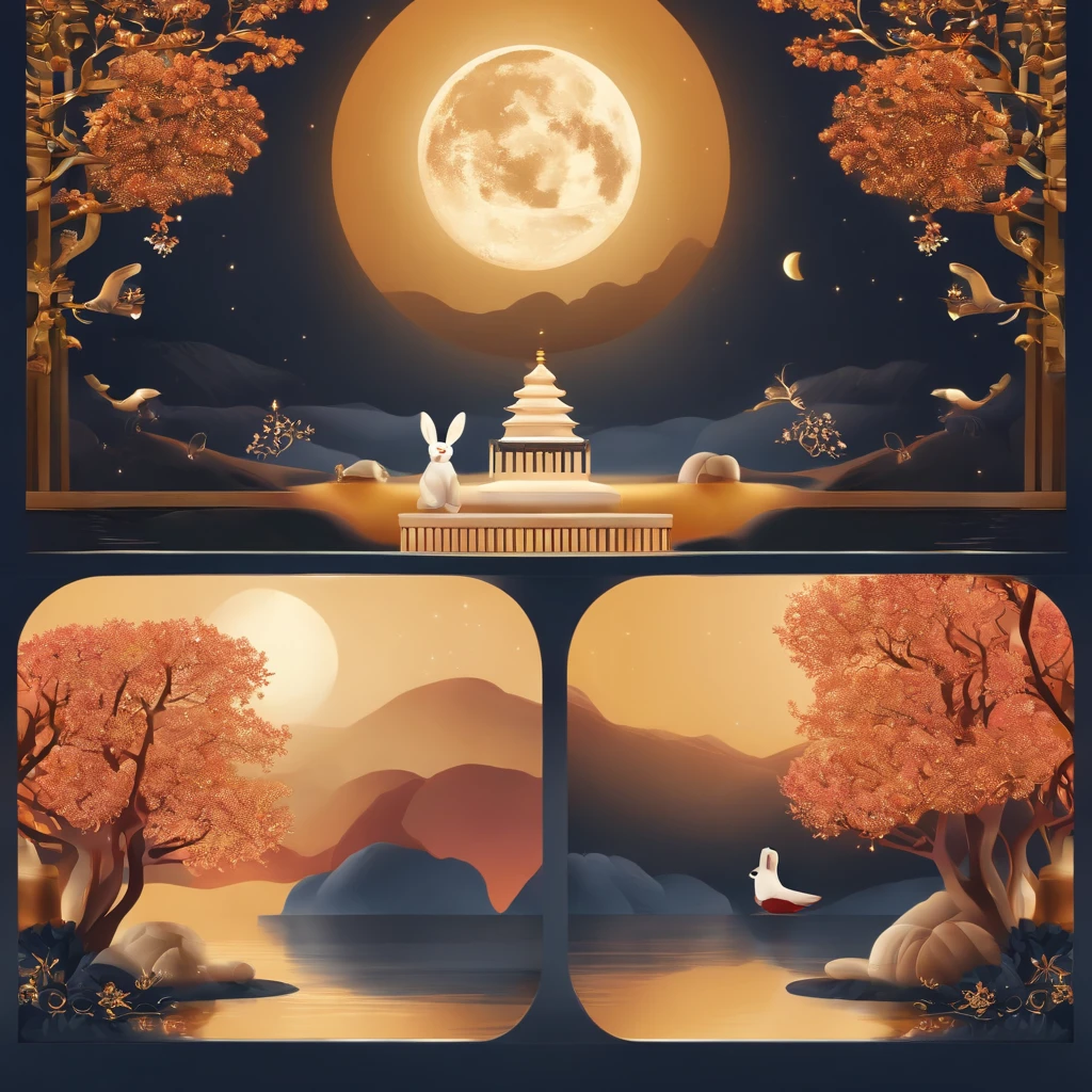 Mid-Autumn Festival, A round moon, the night, (Moon cake), teas, the fruits, edgBunny, Chang'e rushes to the moon, symmetry, high detail, Romanticism, sparkle, god rays, ray tracing, UHD, retina, masterpiece, ccurate, super detail, high details, high quality, best quality, highres, 16k, anatomically correct