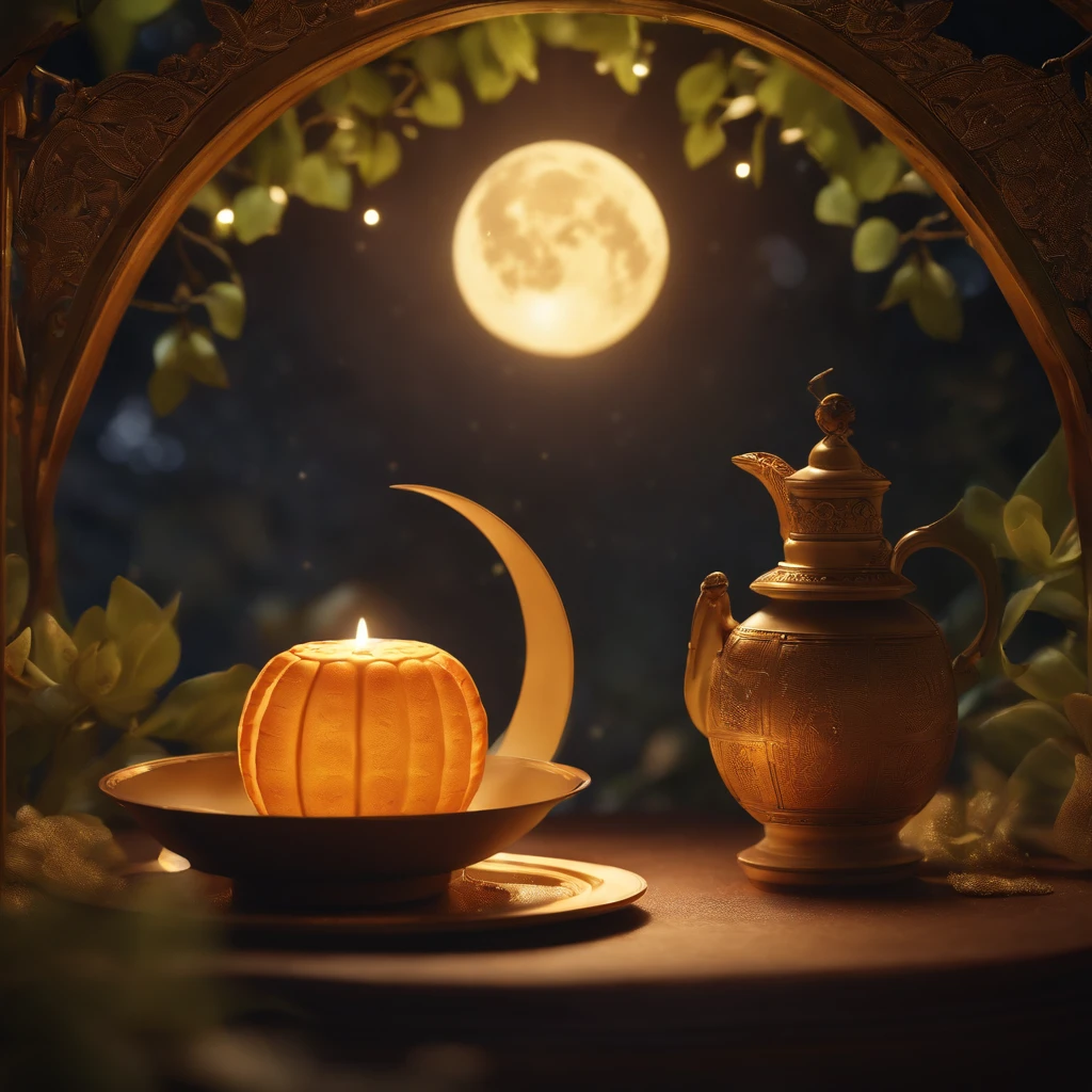 Mid-Autumn Festival, A round moon, the night, （Moon cake）, teas, the fruits, edgBunny, Chang'e rushes to the moon, symmetry, high detail, Romanticism, sparkle, god rays, ray tracing, UHD, retina, masterpiece, ccurate, super detail, high details, high quality, best quality, highres, 16k, anatomically correct